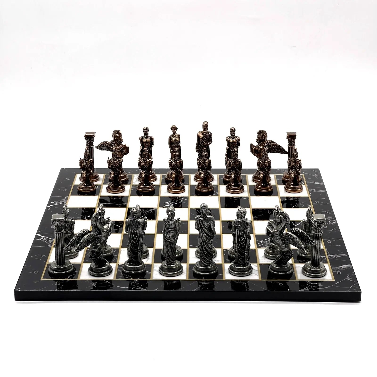 14" Black Marble Pattern Chess Set With Pegasus Metal Chess Pieces