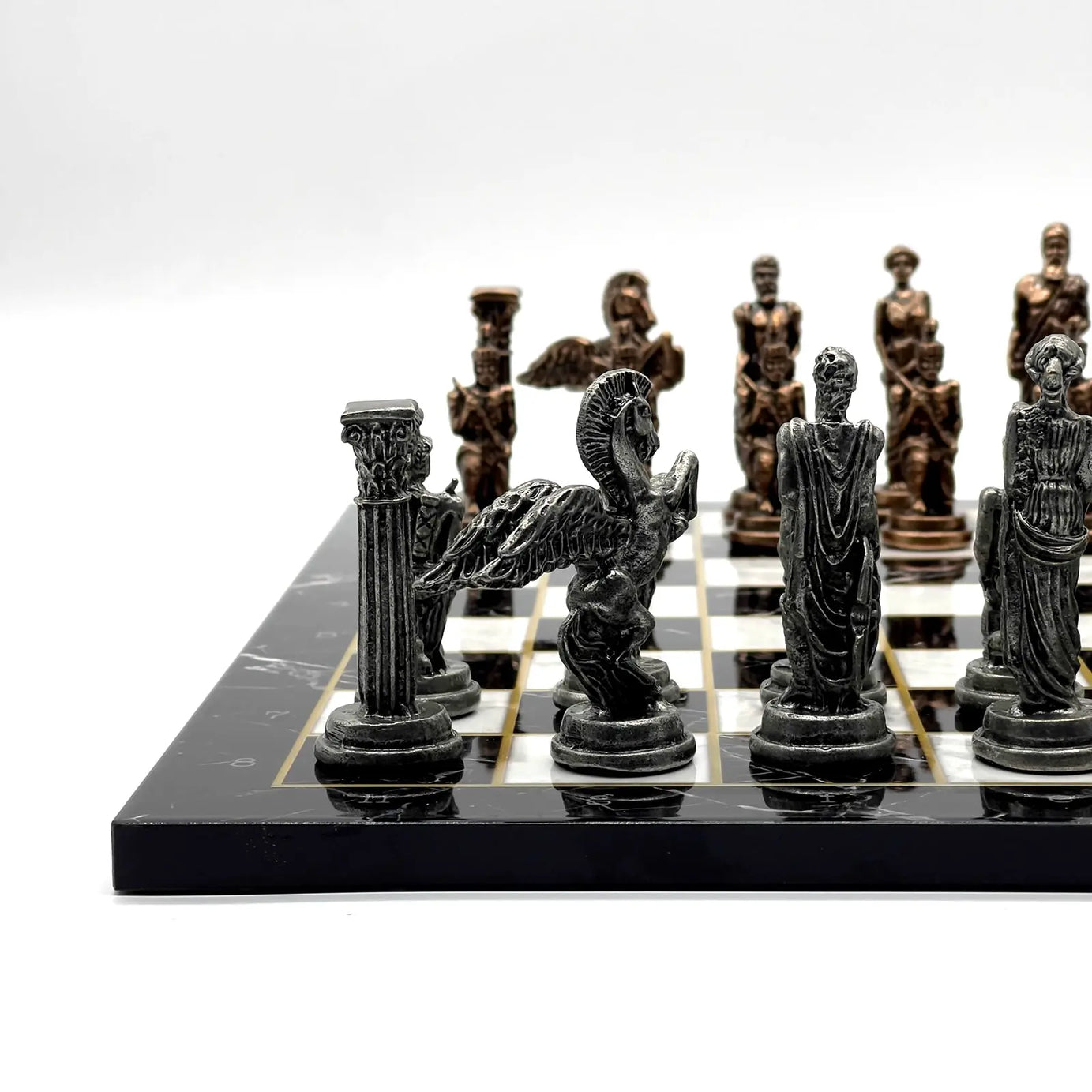 14" Black Marble Pattern Chess Set With Pegasus Metal Chess Pieces