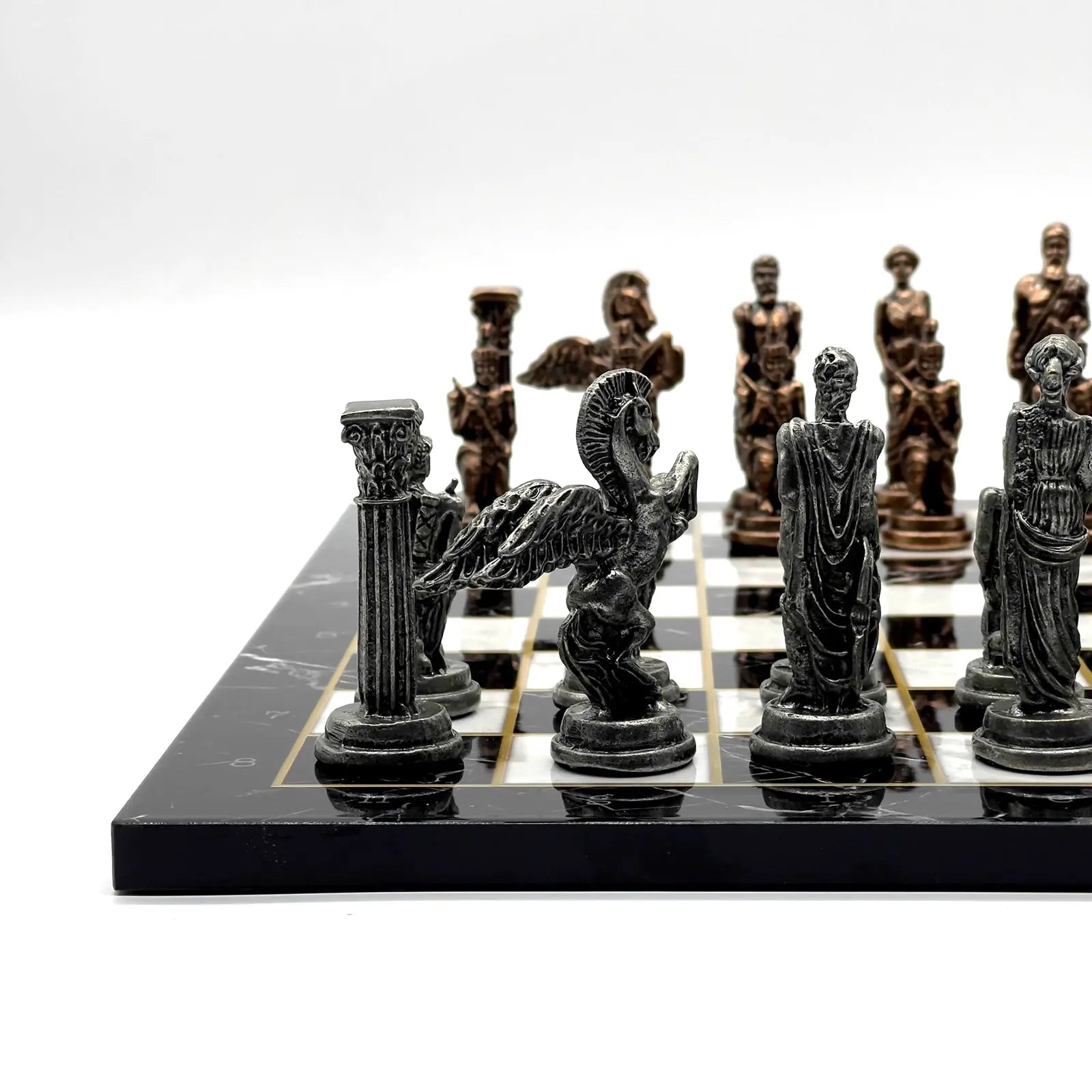 14" Black Marble Pattern Chess Set With Pegasus Metal Chess Pieces