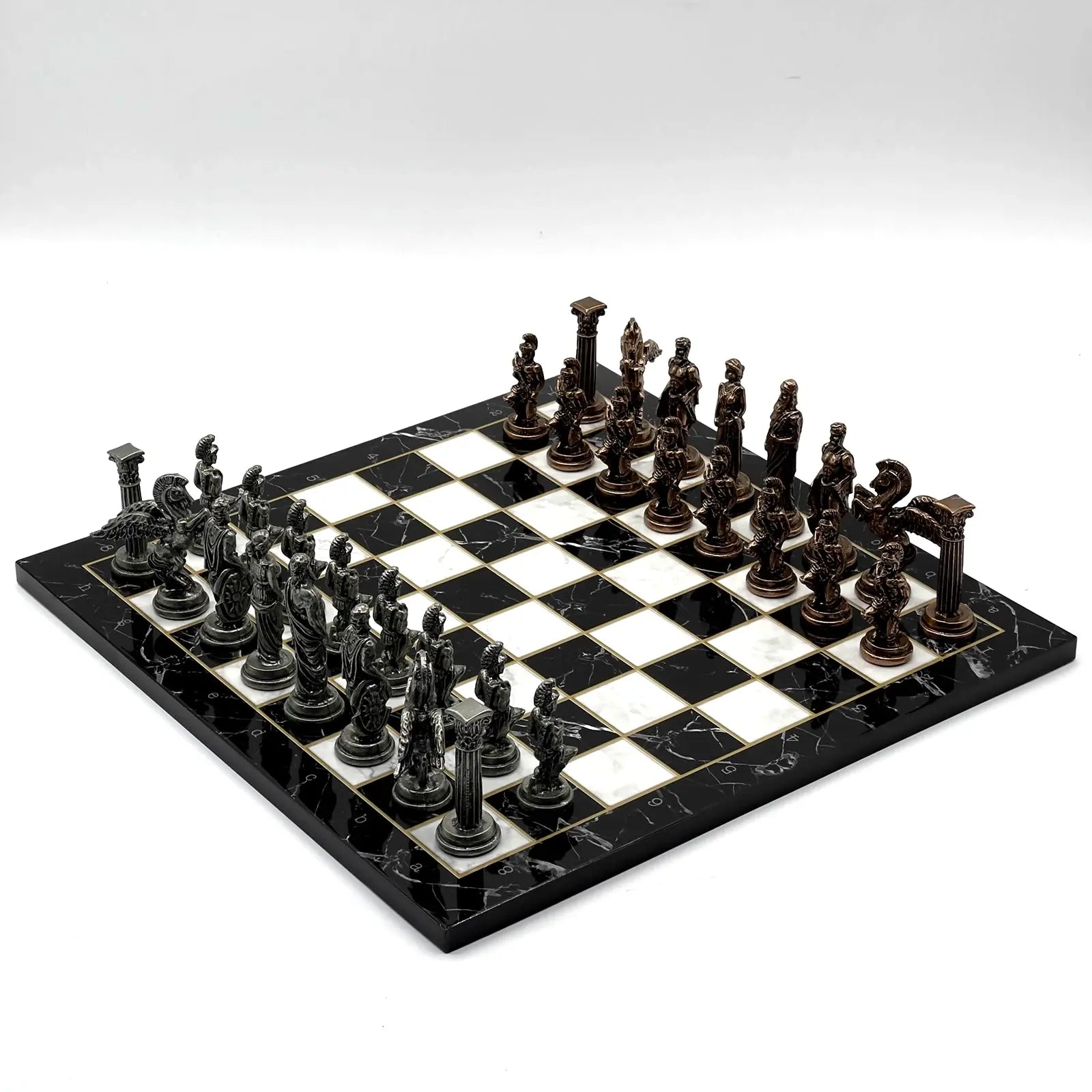 14" Black Marble Pattern Chess Set With Pegasus Metal Chess Pieces