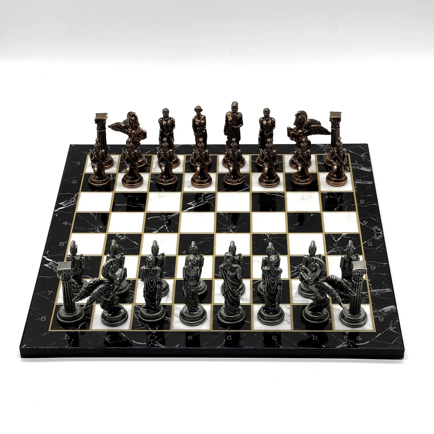 14" Black Marble Pattern Chess Set With Pegasus Metal Chess Pieces