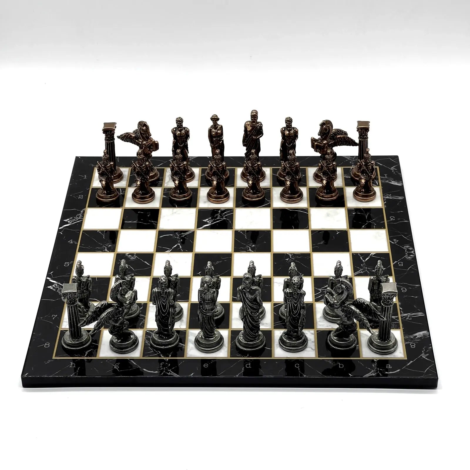 14" Black Marble Pattern Chess Set With Pegasus Metal Chess Pieces