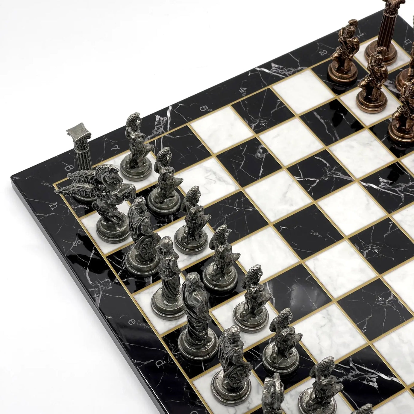 14" Black Marble Pattern Chess Set With Pegasus Metal Chess Pieces