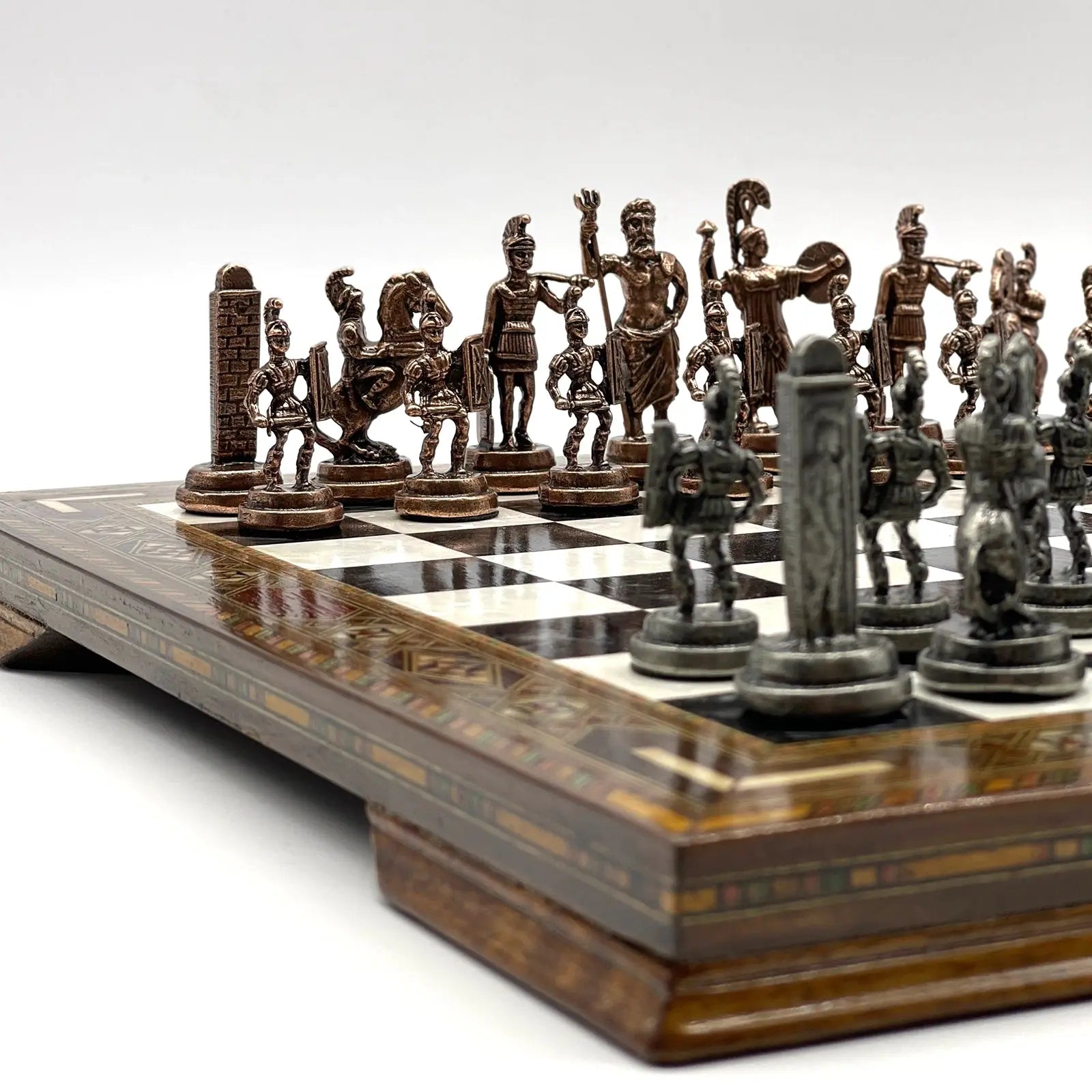 13" Personalized Black-White Chess Board with Greek Metal Chess Pieces