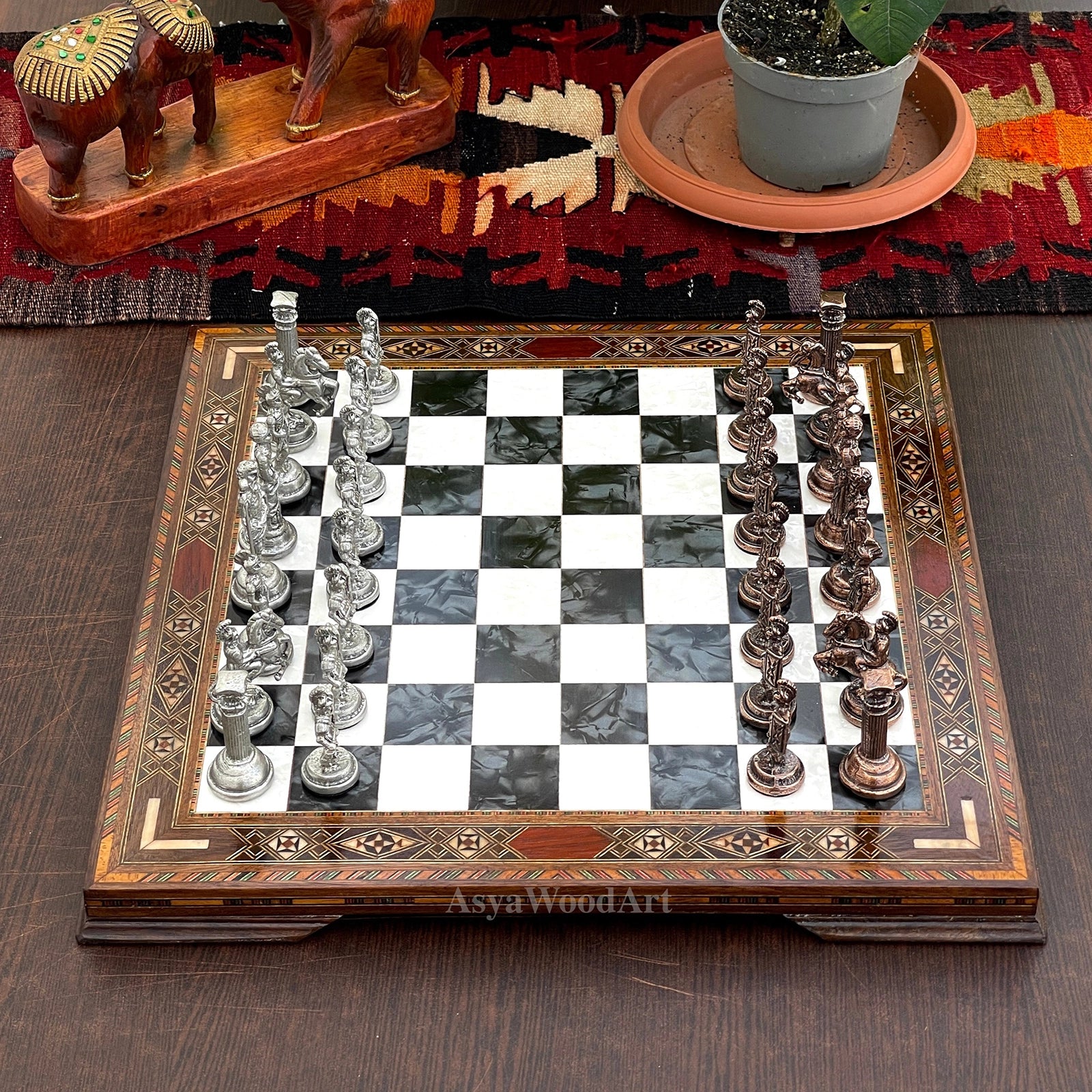 13.7" Luxury Wooden Chess Set with Romans Metal Chess Pieces
