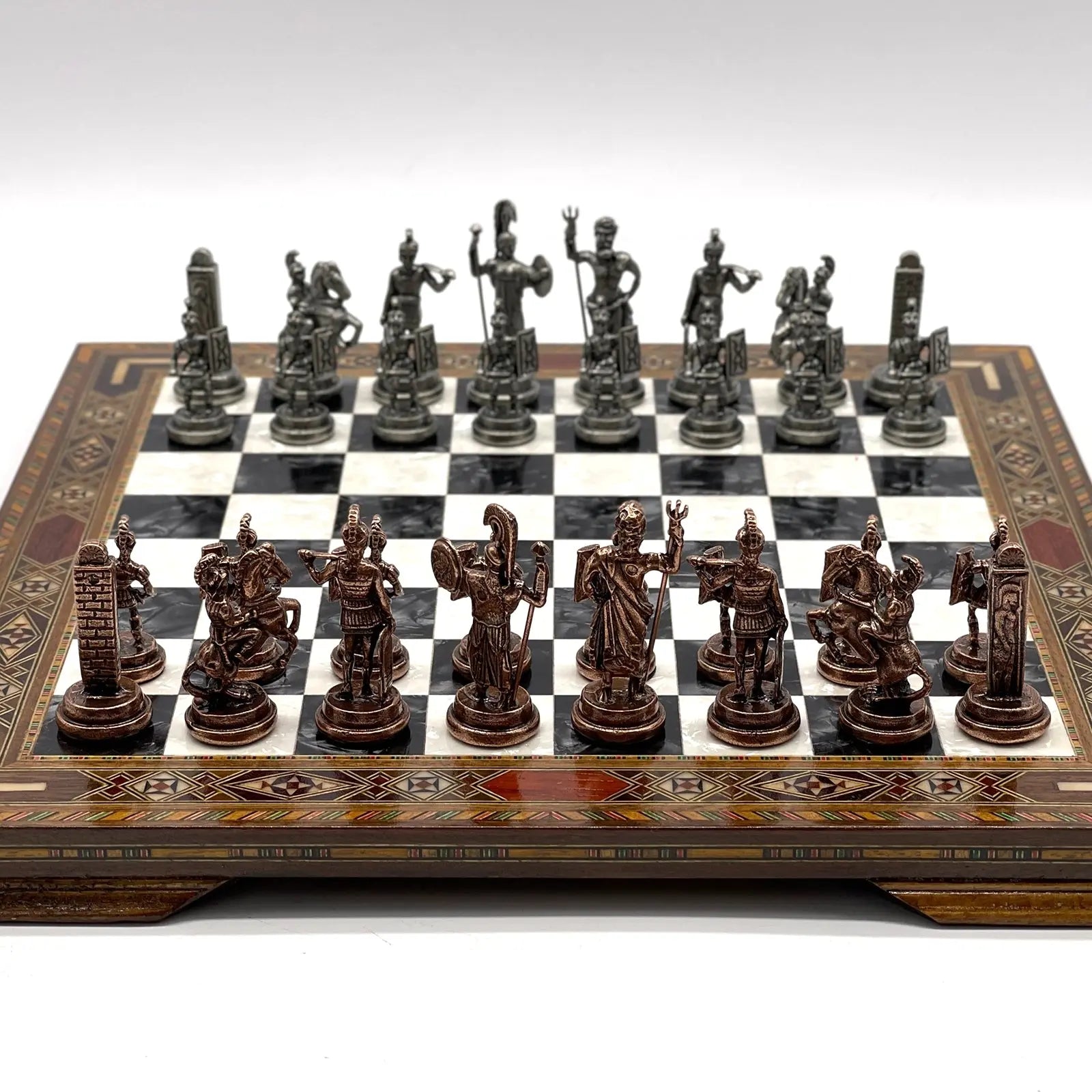 13" Personalized Black-White Chess Board with Greek Metal Chess Pieces