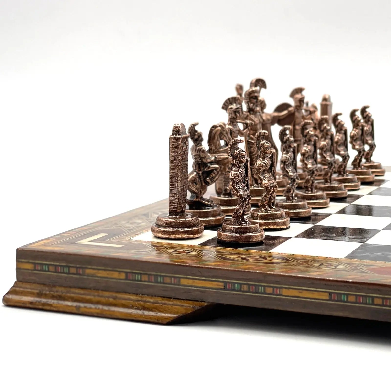 13" Personalized Black-White Chess Board with Greek Metal Chess Pieces