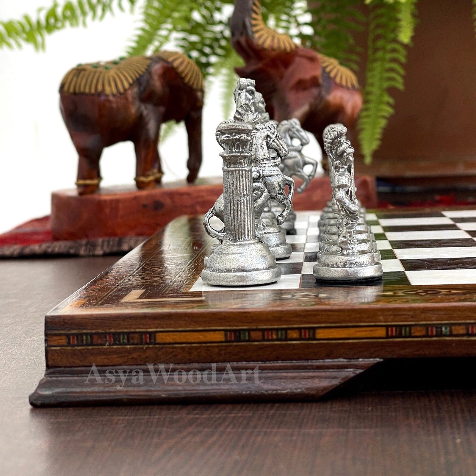 13.7" Luxury Wooden Chess Set with Romans Metal Chess Pieces