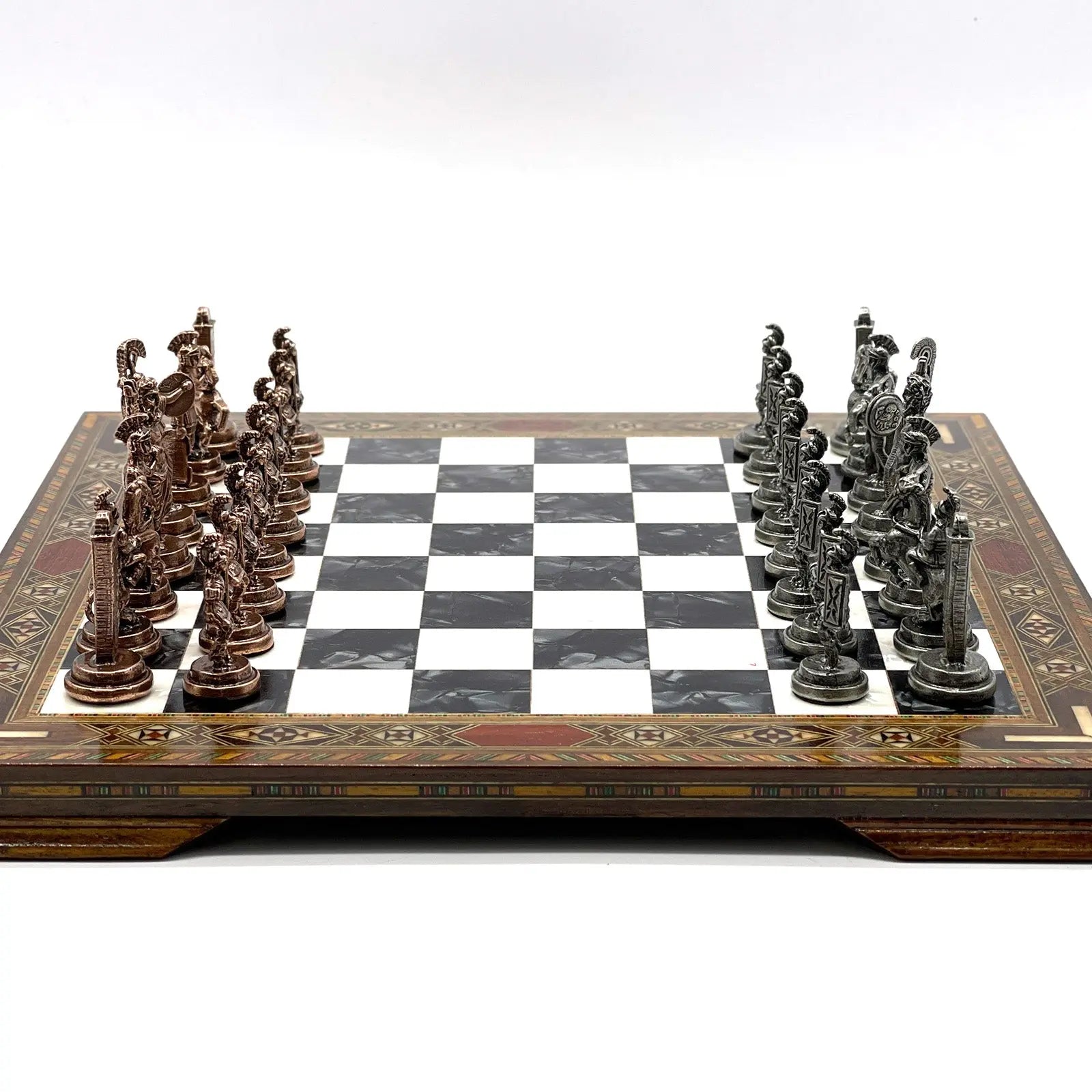 13" Personalized Black-White Chess Board with Greek Metal Chess Pieces