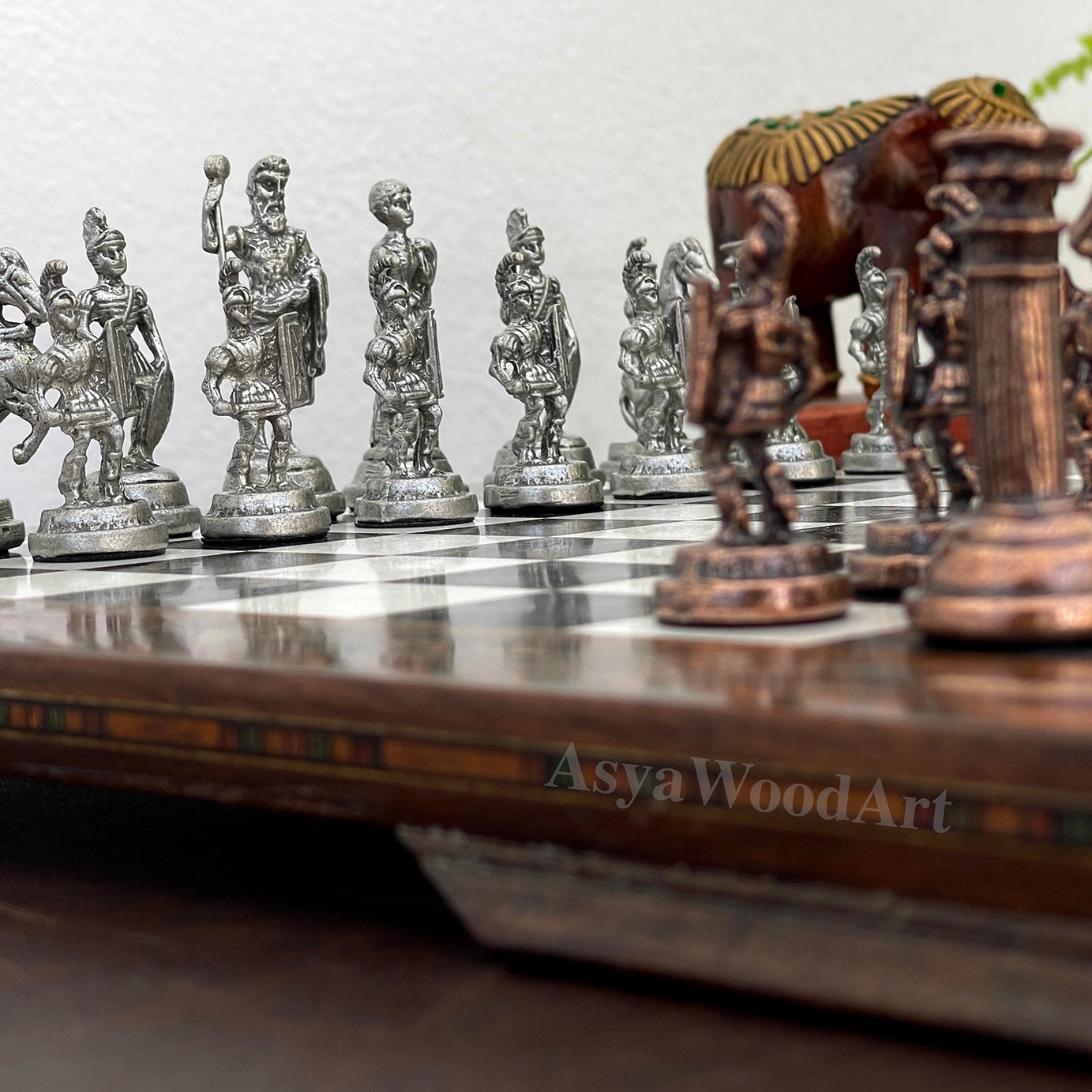 13.7" Luxury Wooden Chess Set with Romans Metal Chess Pieces