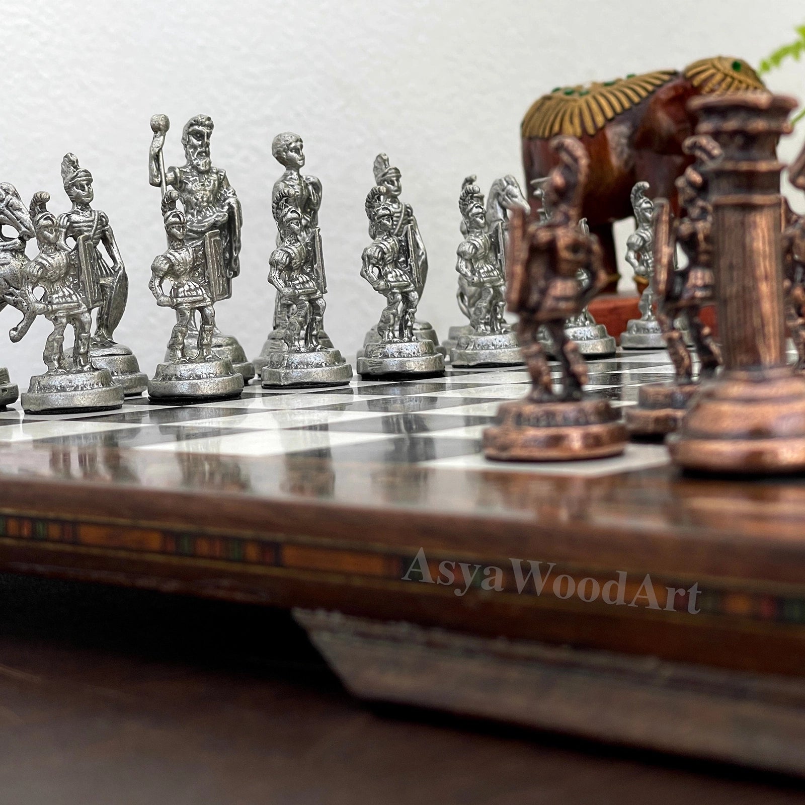 13.7" Luxury Wooden Chess Set with Romans Metal Chess Pieces