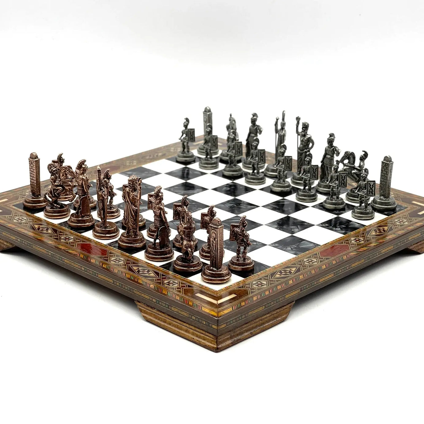 13" Personalized Black-White Chess Board with Greek Metal Chess Pieces