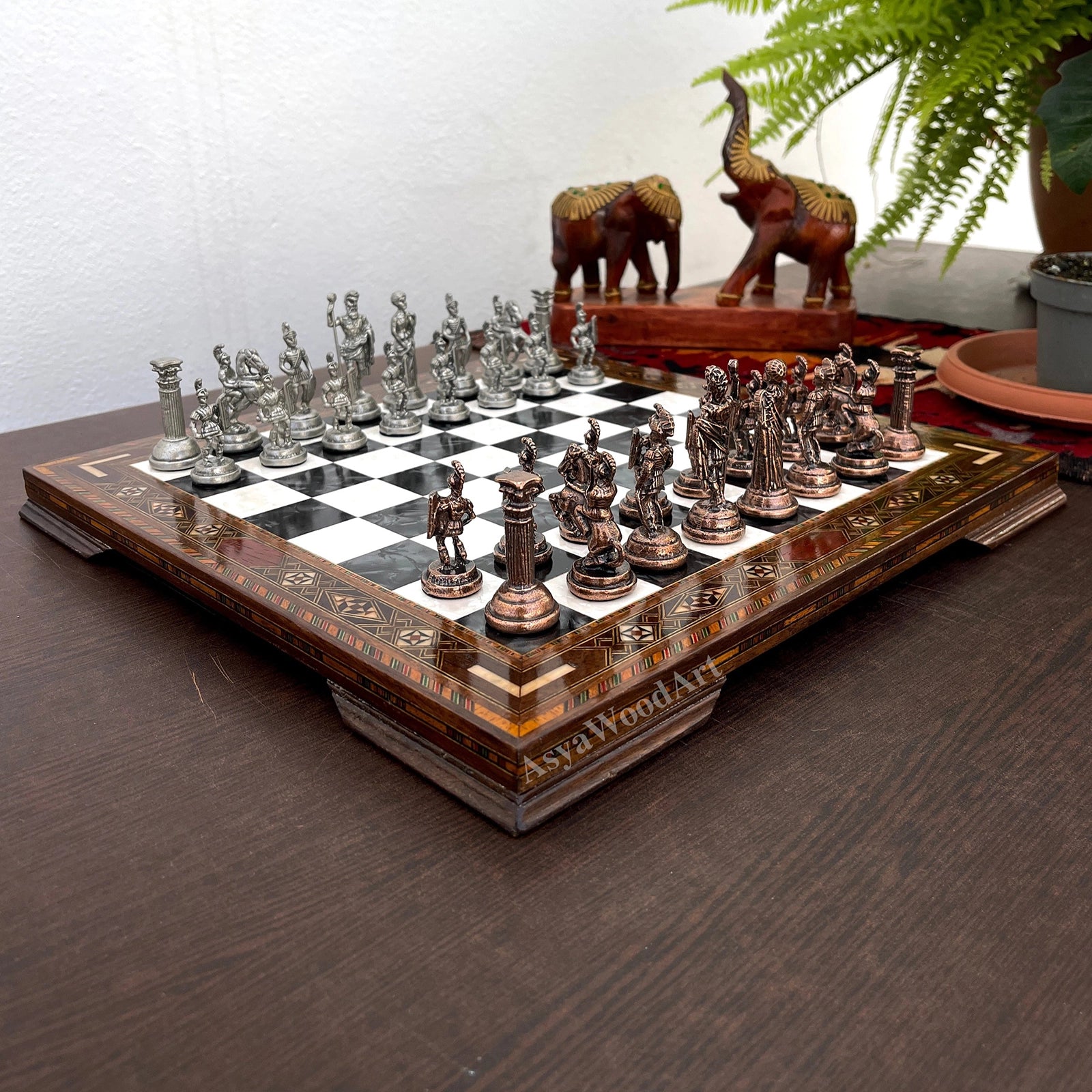 13.7" Luxury Wooden Chess Set with Romans Metal Chess Pieces