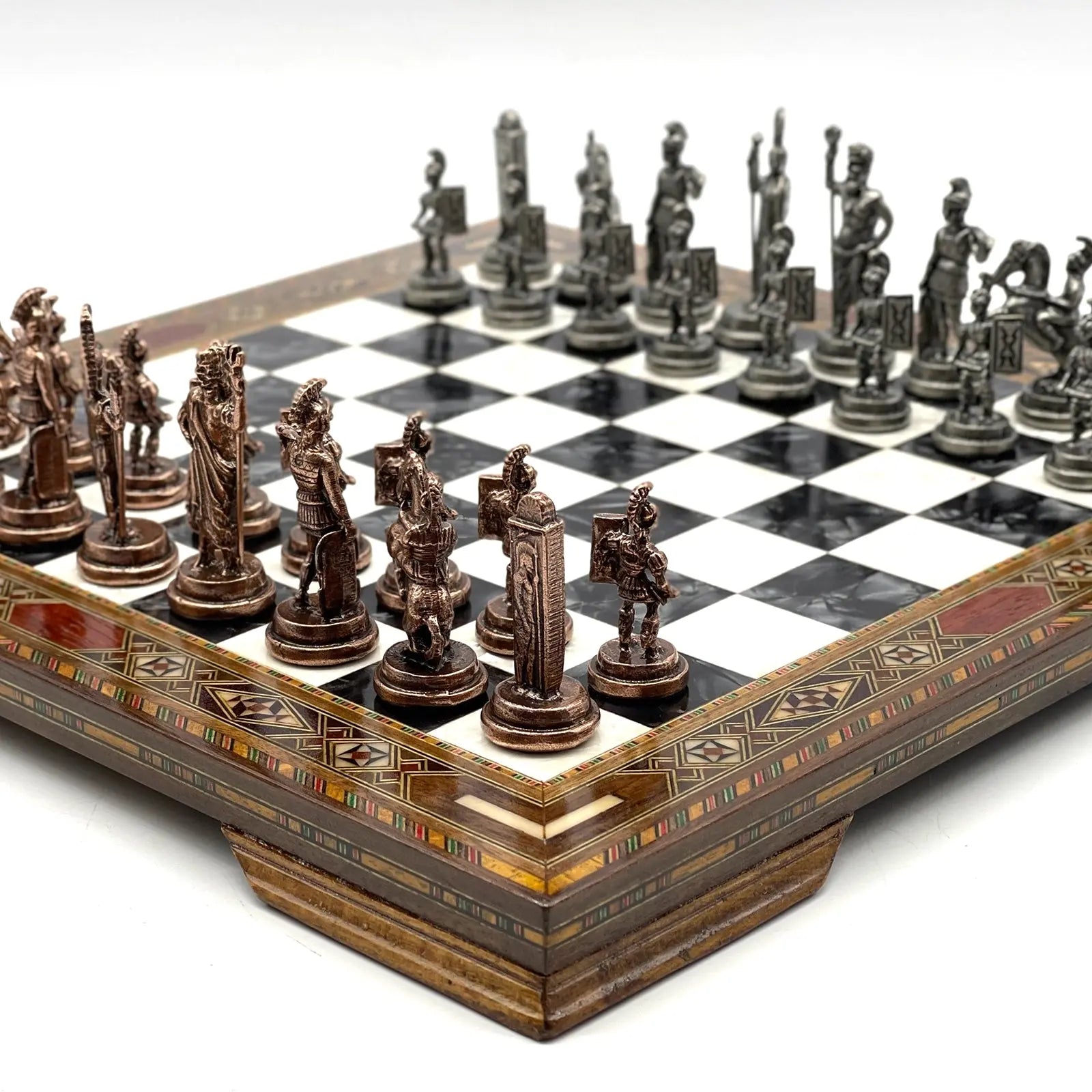 13" Personalized Black-White Chess Board with Greek Metal Chess Pieces