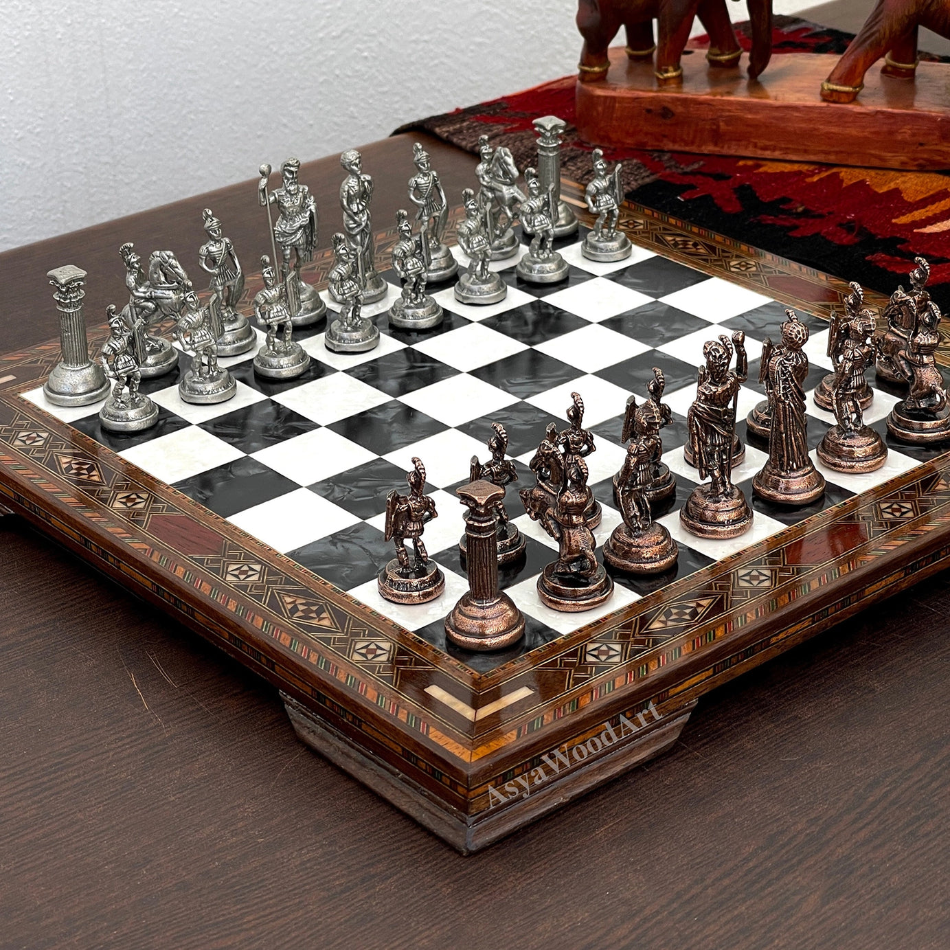 13.7" Luxury Wooden Chess Set with Romans Metal Chess Pieces