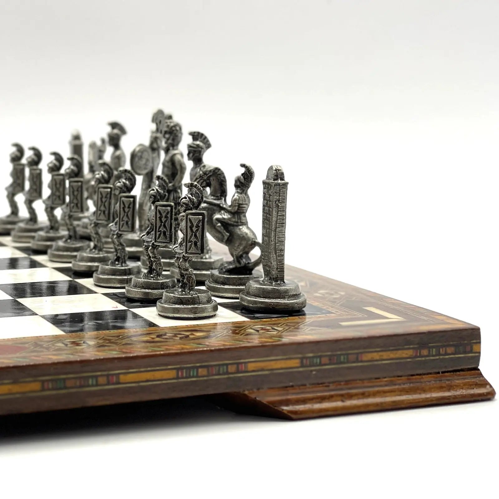 13" Personalized Black-White Chess Board with Greek Metal Chess Pieces