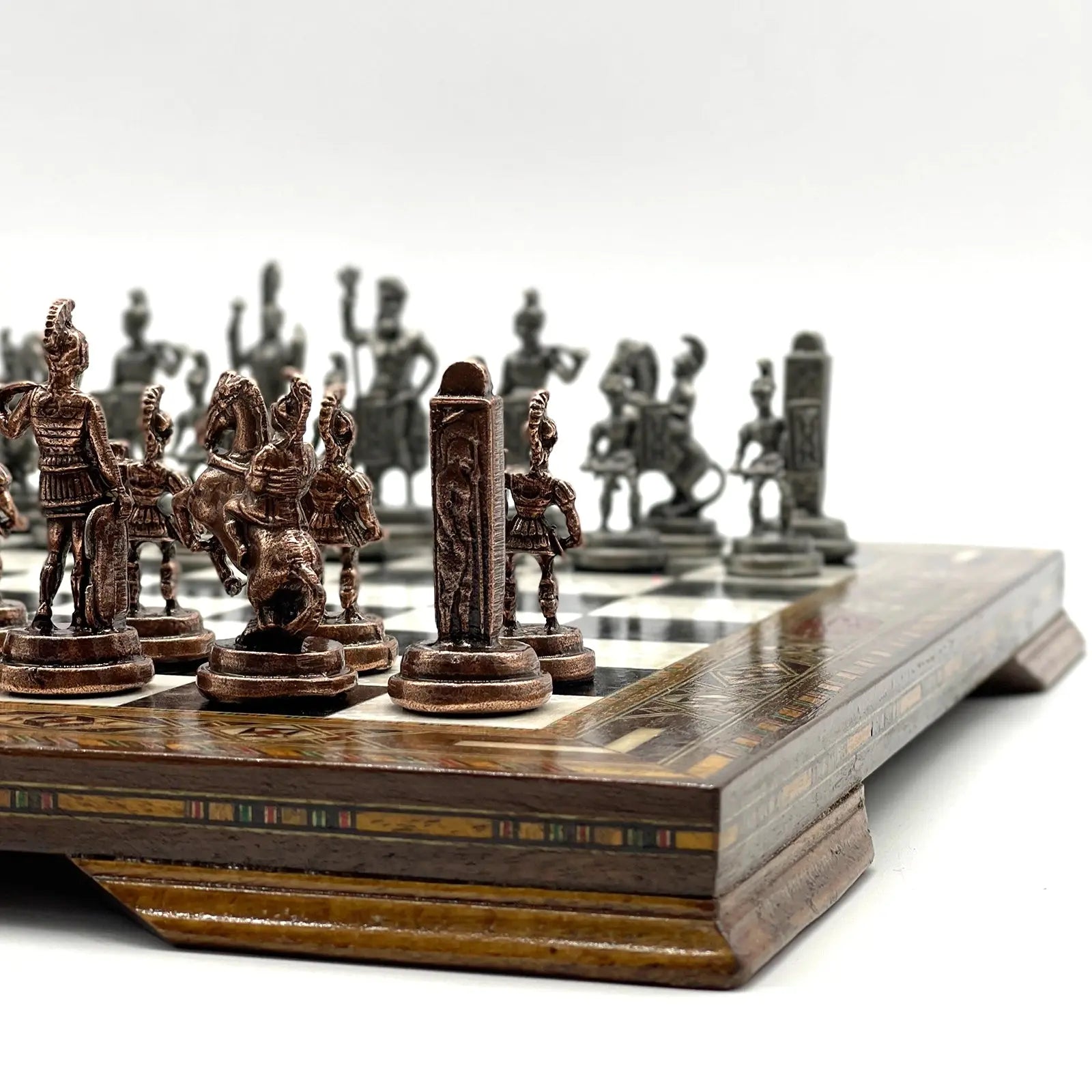 13" Personalized Black-White Chess Board with Greek Metal Chess Pieces