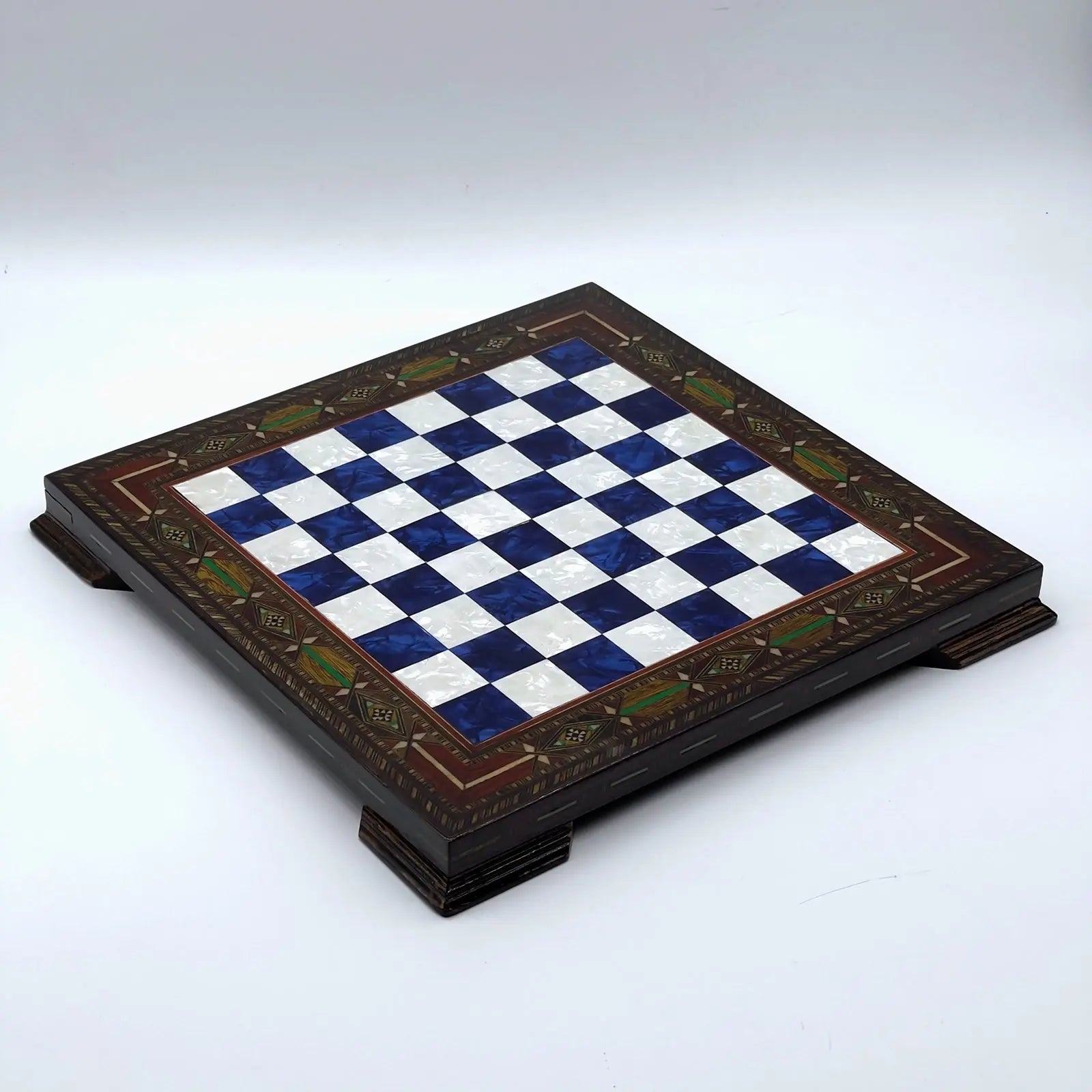 12.9" Blue Handmade Patterned Custom Wooden Chess Board with Legs