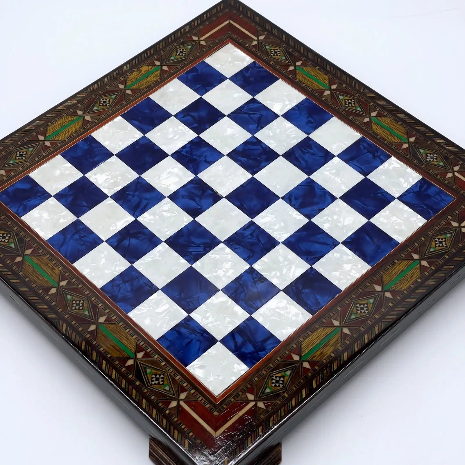 12.9" Blue Handmade Patterned Custom Wooden Chess Board with Legs