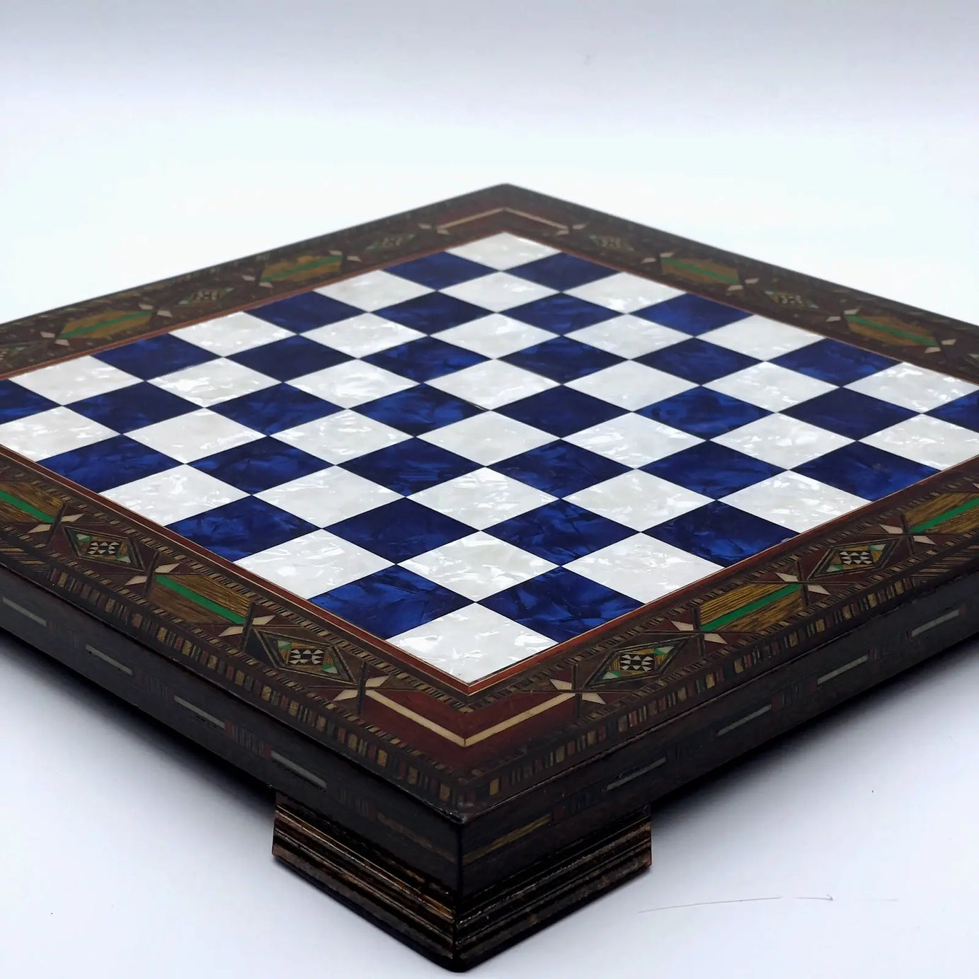12.9" Blue Handmade Patterned Custom Wooden Chess Board with Legs