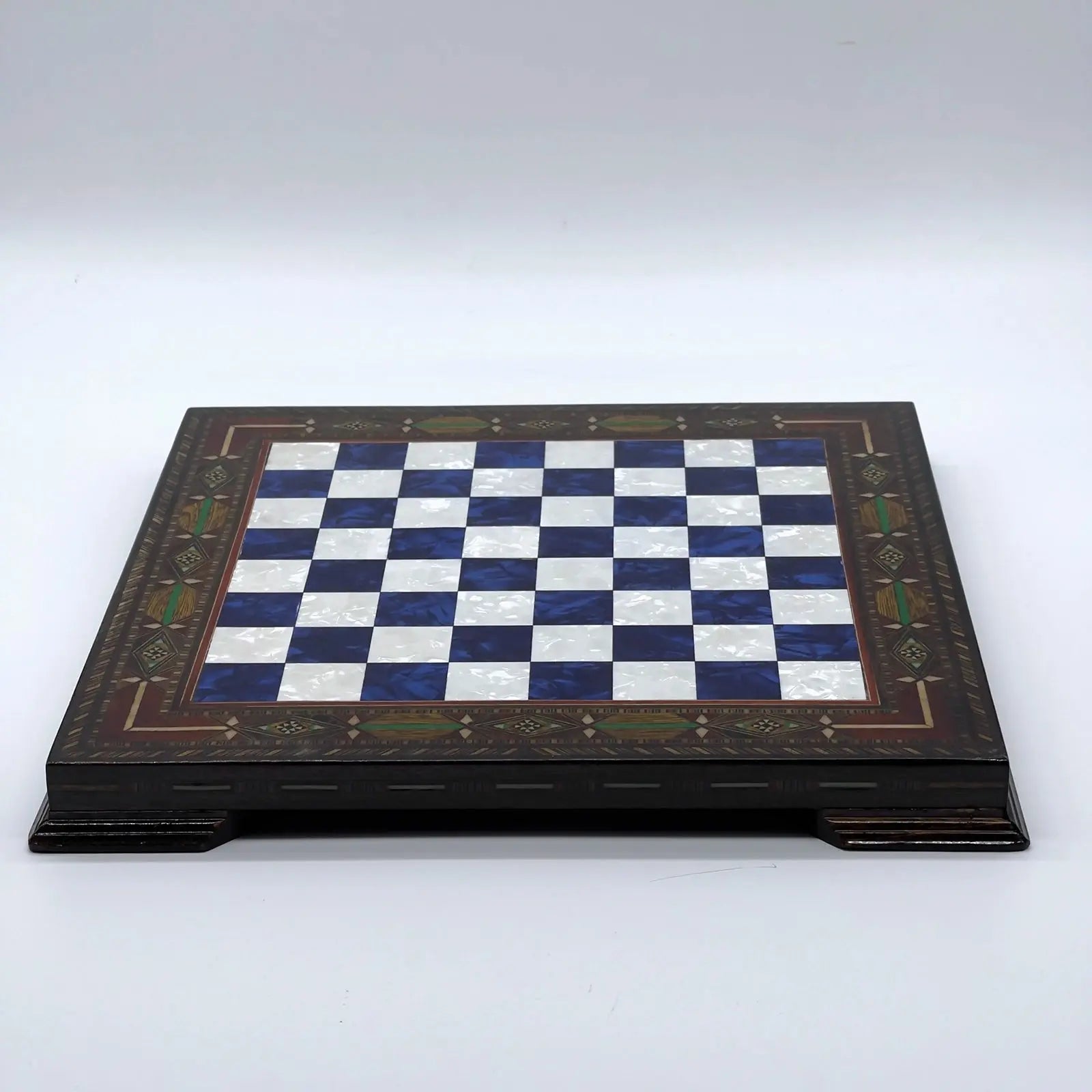 12.9" Blue Handmade Patterned Custom Wooden Chess Board with Legs