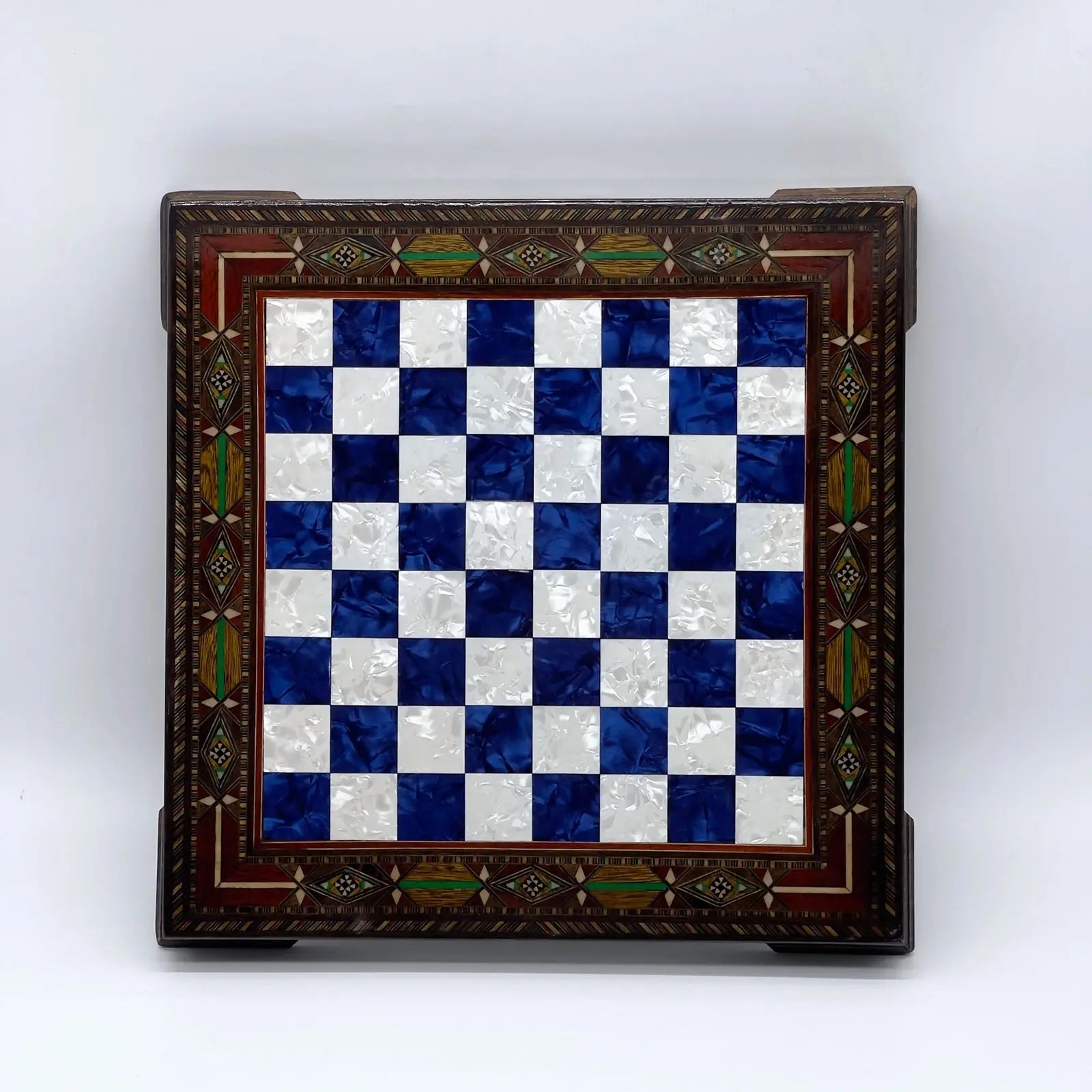 12.9" Blue Handmade Patterned Custom Wooden Chess Board with Legs