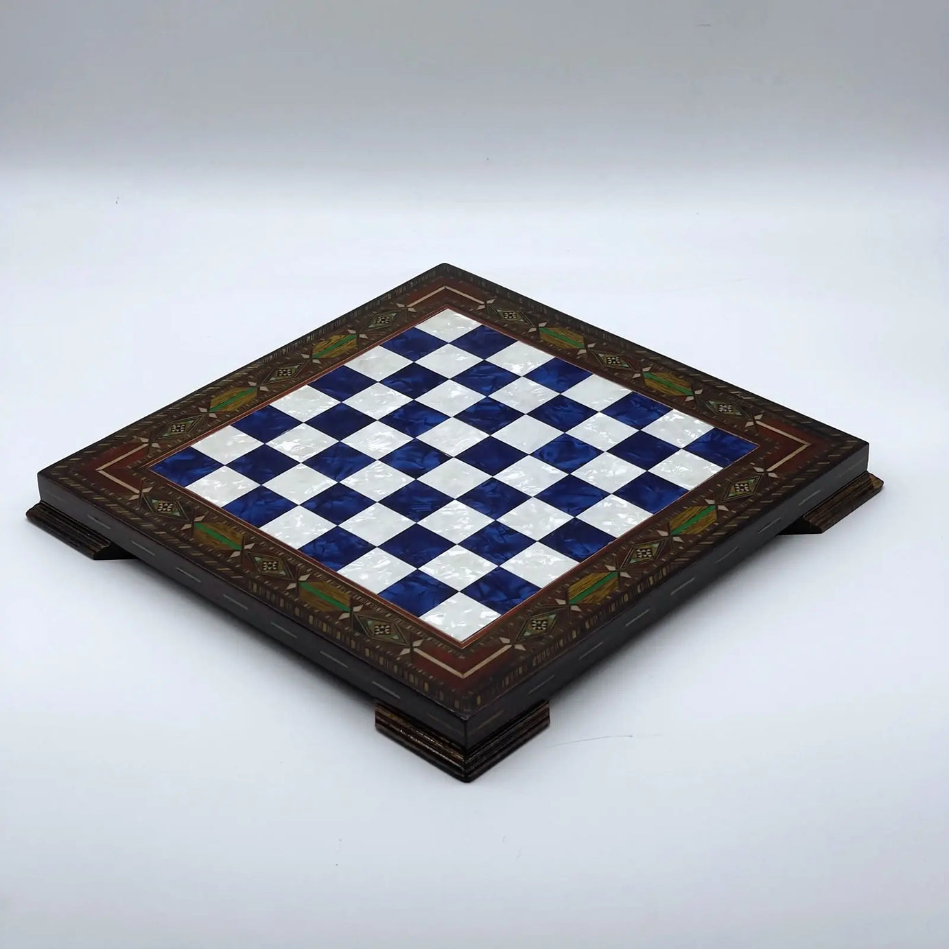 12.9" Blue Handmade Patterned Custom Wooden Chess Board with Legs