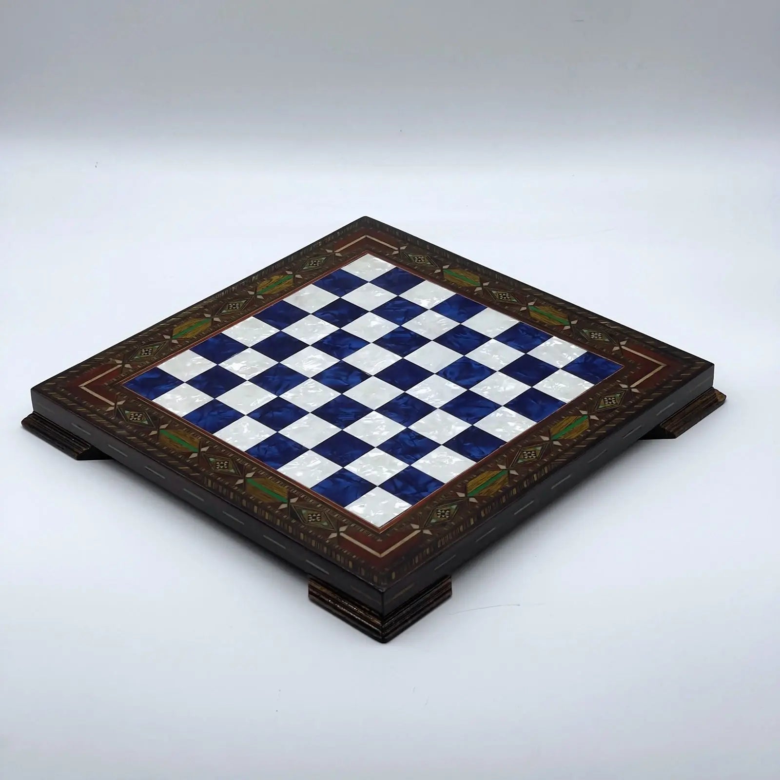 12.9" Blue Handmade Patterned Custom Wooden Chess Board with Legs