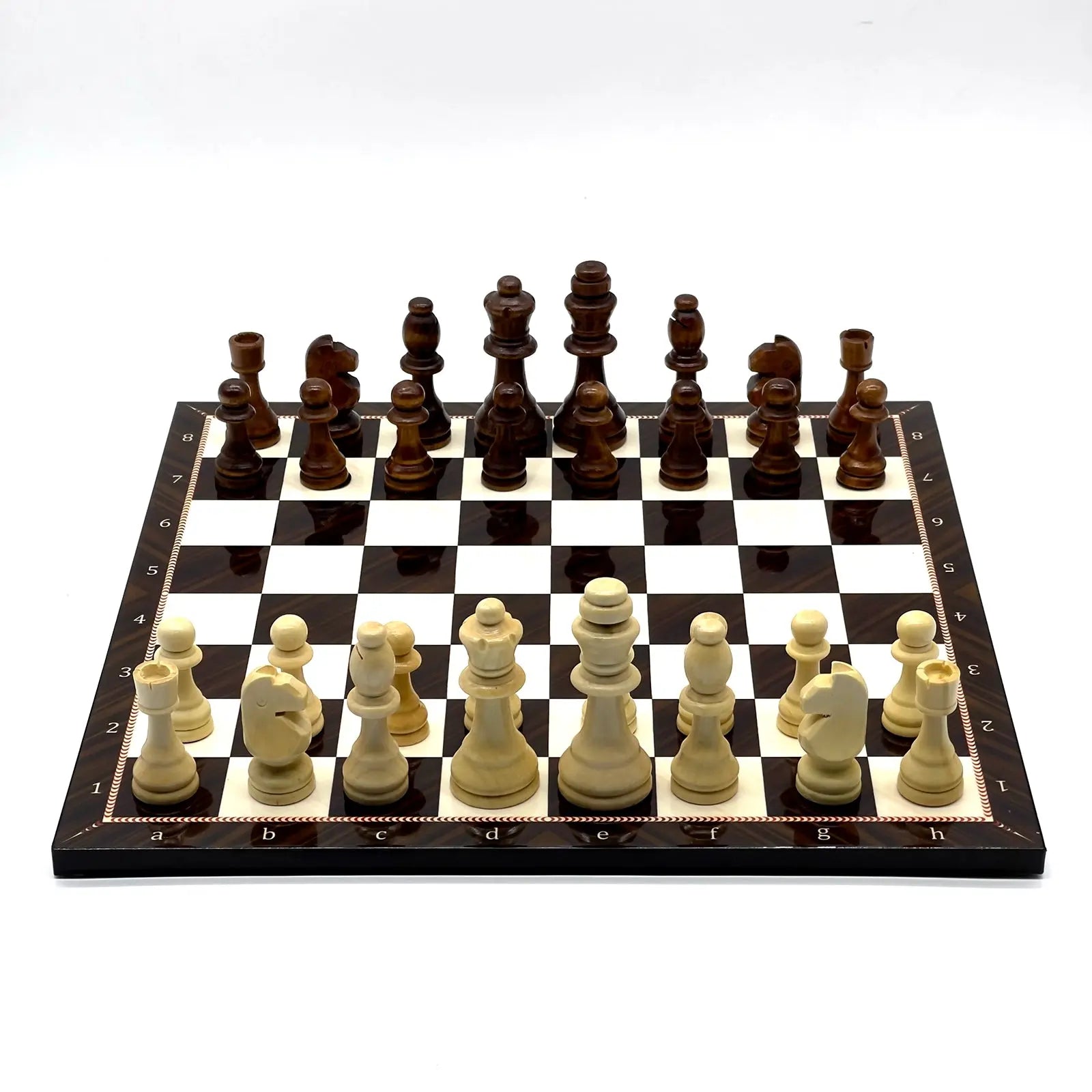 14" Brown Walnut Marble Pattern Wooden Set With Wooden Chess Pieces Set