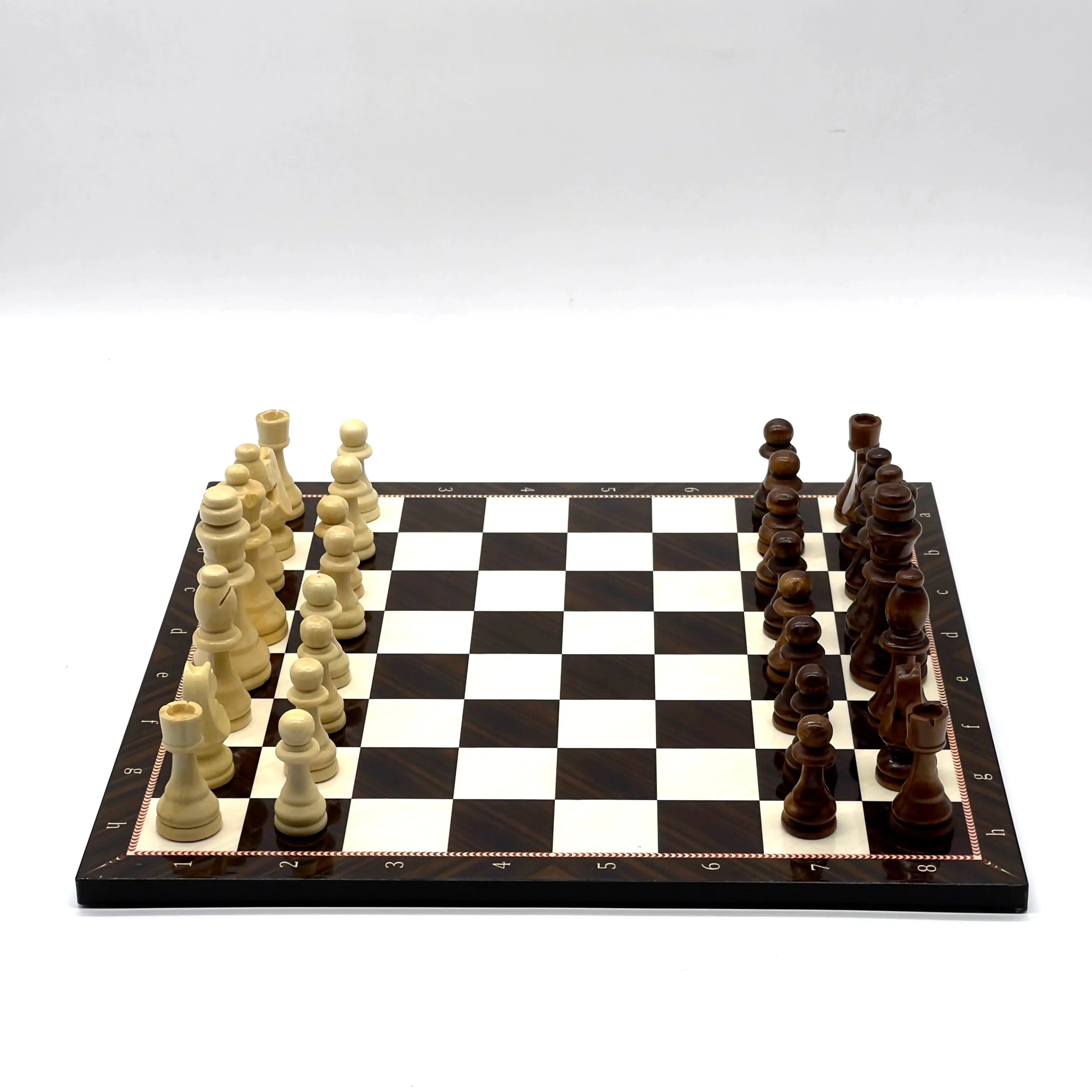 14" Brown Walnut Marble Pattern Wooden Set With Wooden Chess Pieces Set