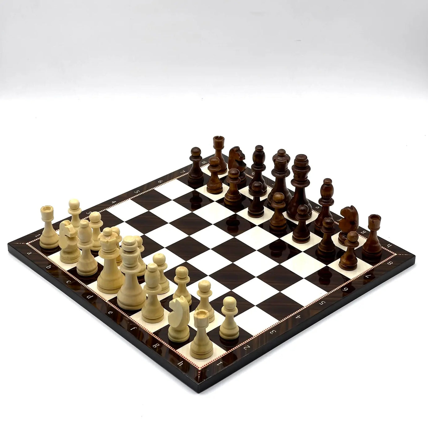 14" Brown Walnut Marble Pattern Wooden Set With Wooden Chess Pieces Set