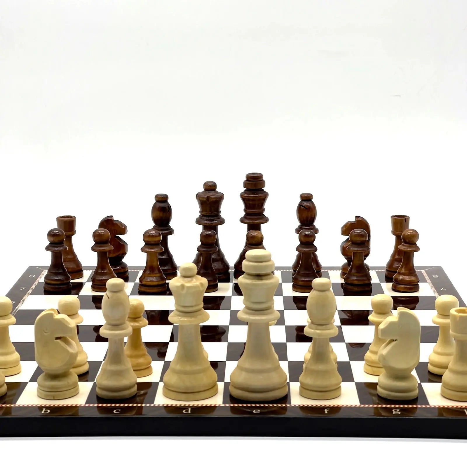 14" Brown Walnut Marble Pattern Wooden Set With Wooden Chess Pieces Set