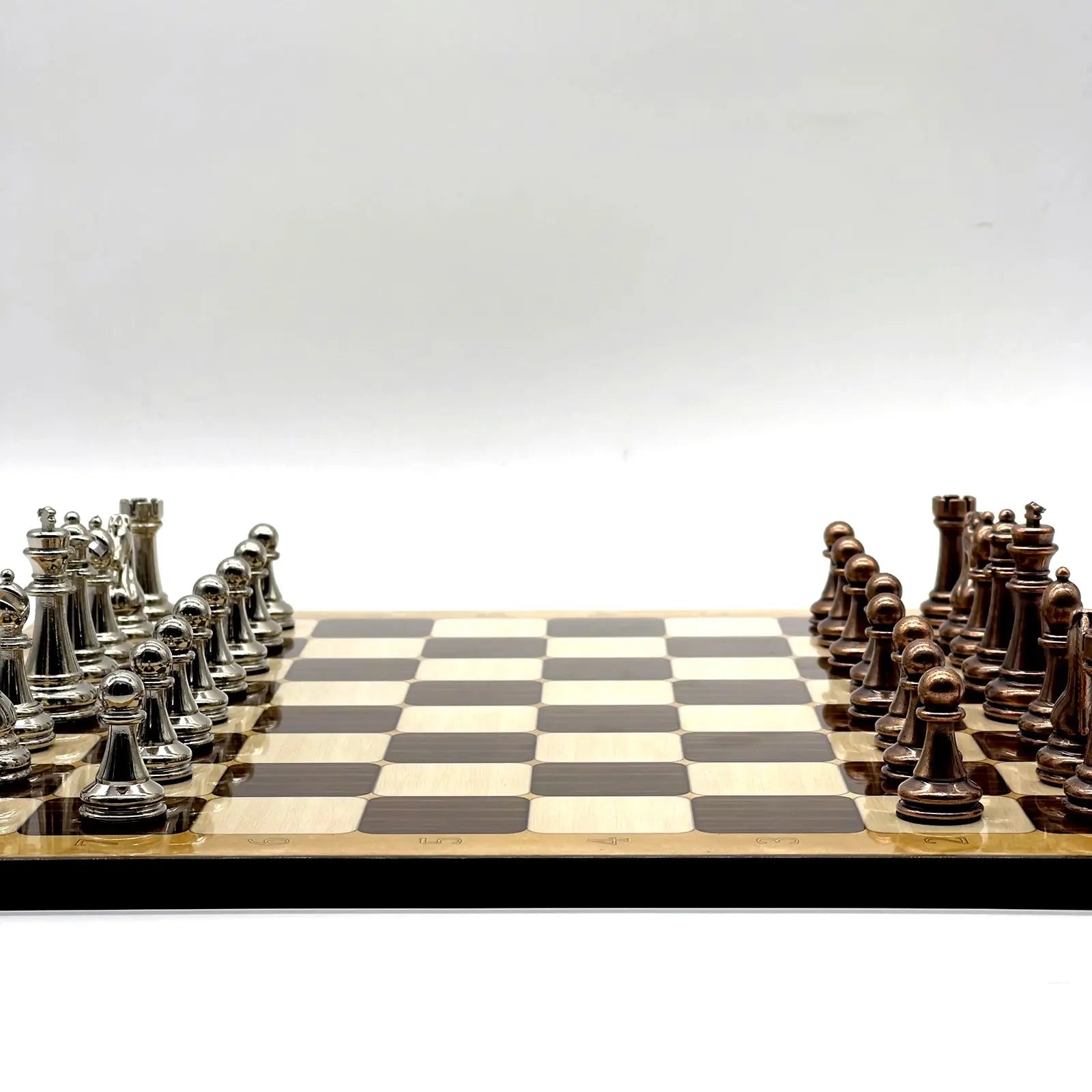14" Brown Marble Patterned Chess Set With Classic Metal Chess Pieces
