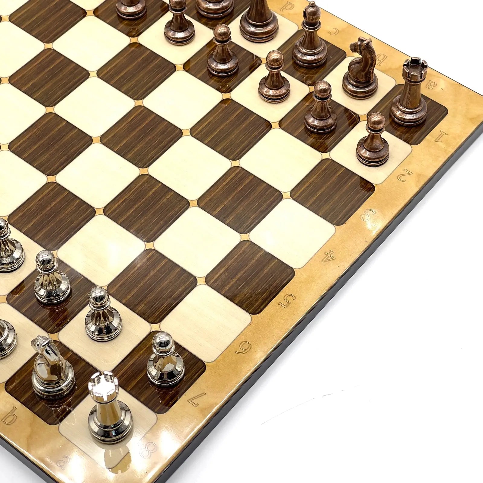 14" Brown Marble Patterned Chess Set With Classic Metal Chess Pieces