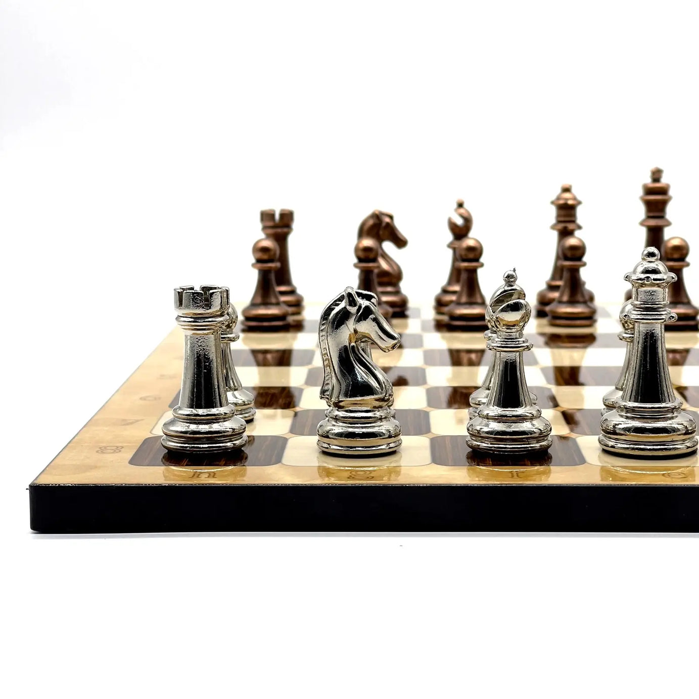 14" Brown Marble Patterned Chess Set With Classic Metal Chess Pieces