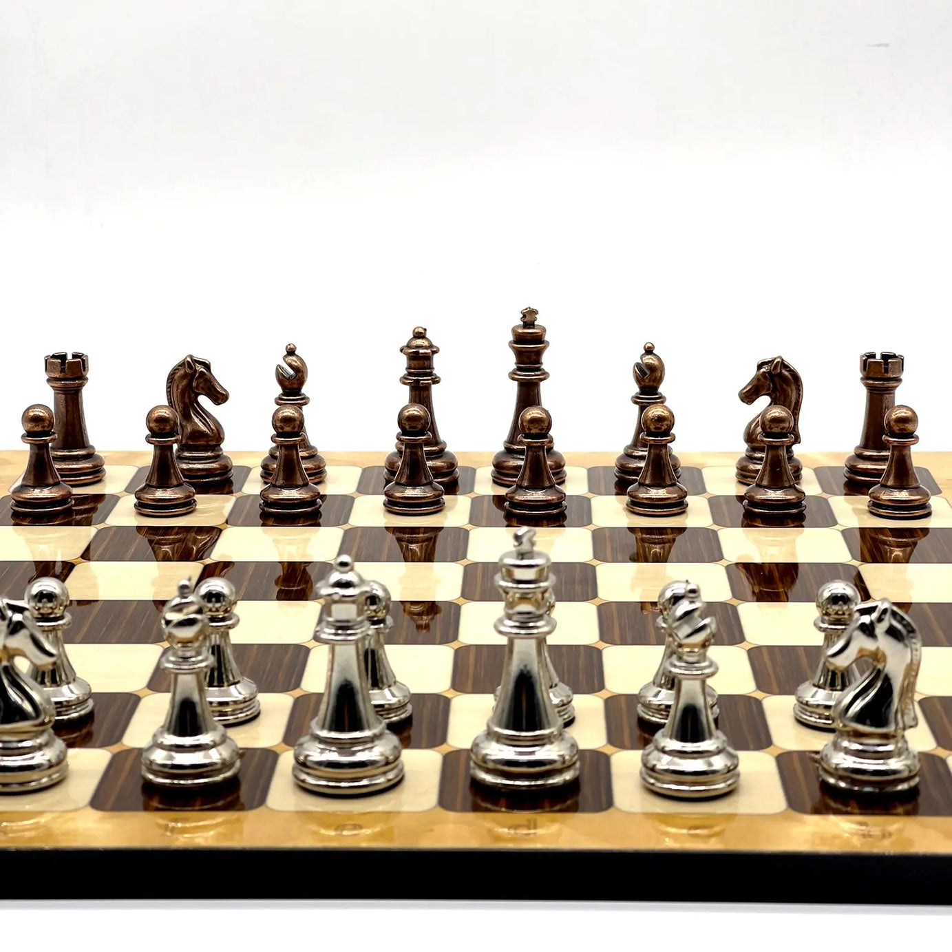 14" Brown Marble Patterned Chess Set With Classic Metal Chess Pieces