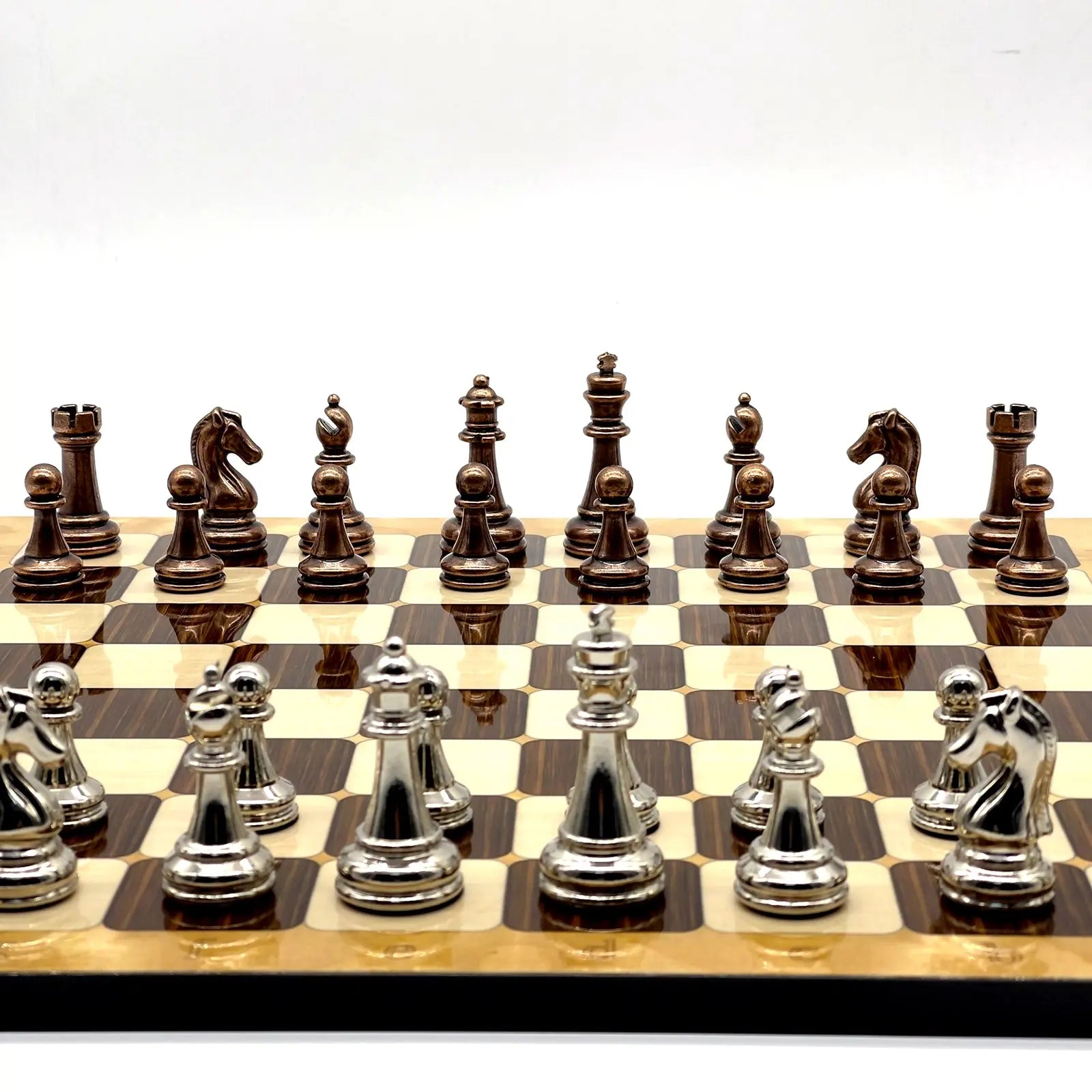 14" Brown Marble Patterned Chess Set With Classic Metal Chess Pieces