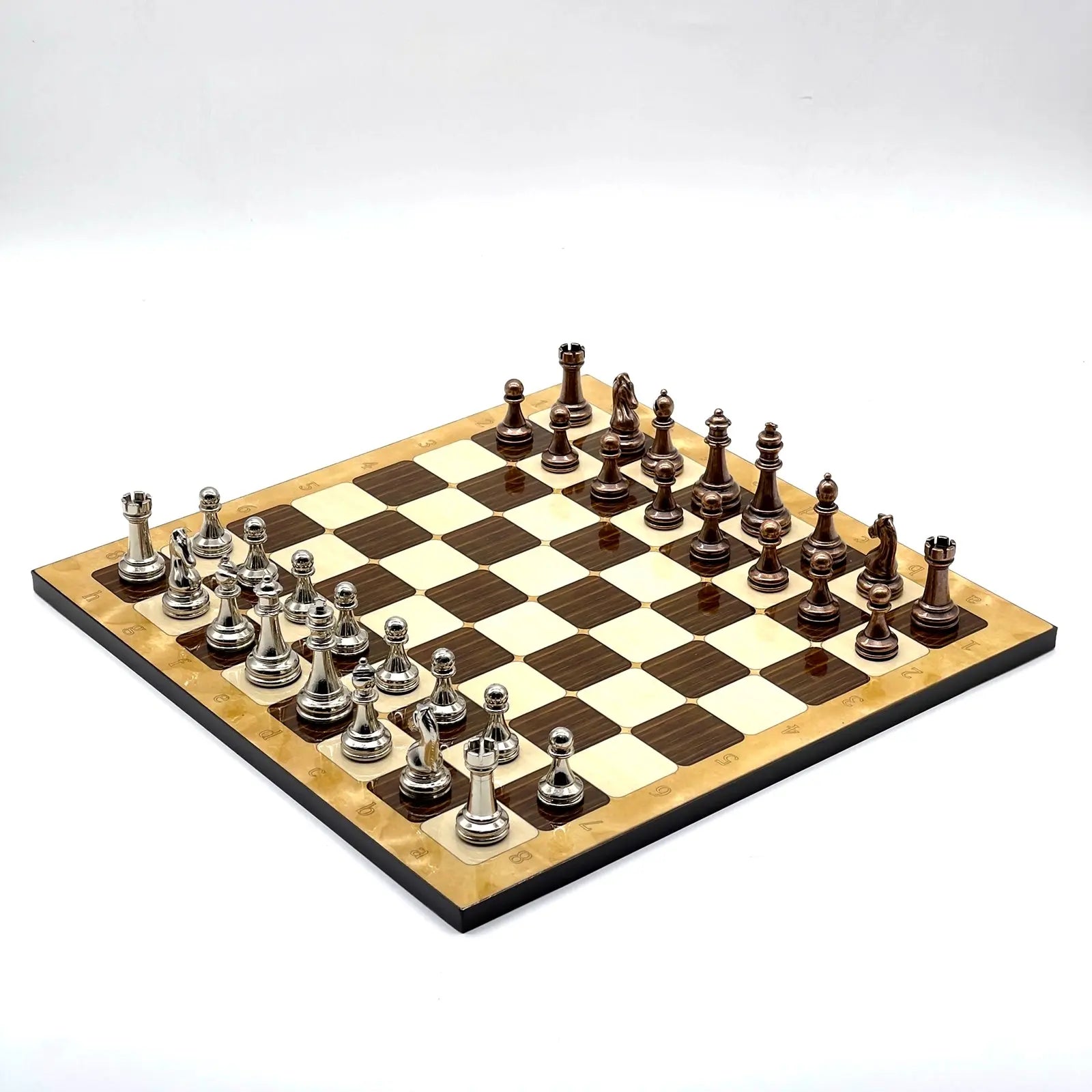 14" Brown Marble Patterned Chess Set With Classic Metal Chess Pieces