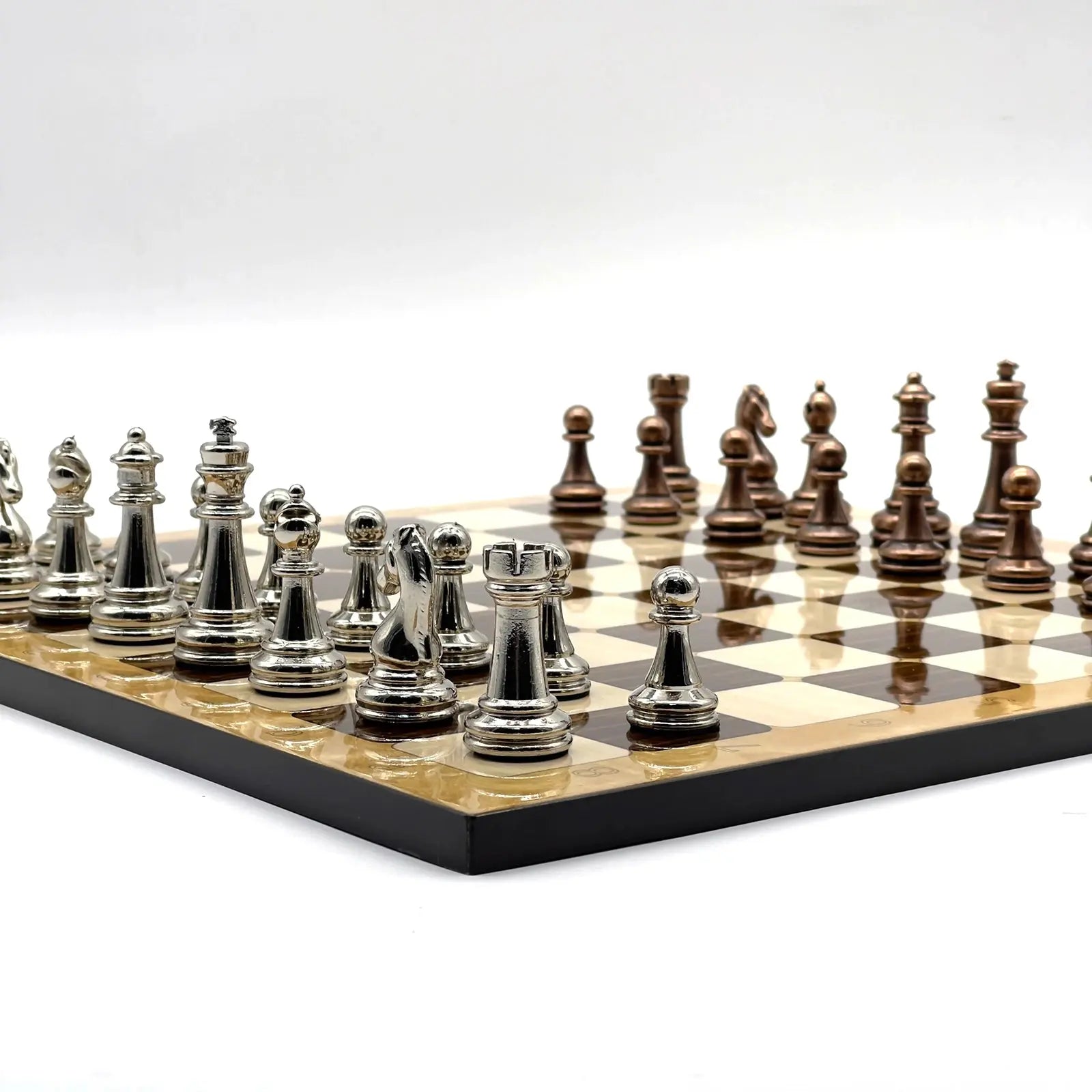 14" Brown Marble Patterned Chess Set With Classic Metal Chess Pieces