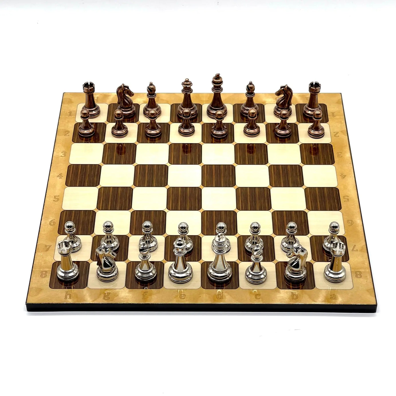 14" Brown Marble Patterned Chess Set With Classic Metal Chess Pieces