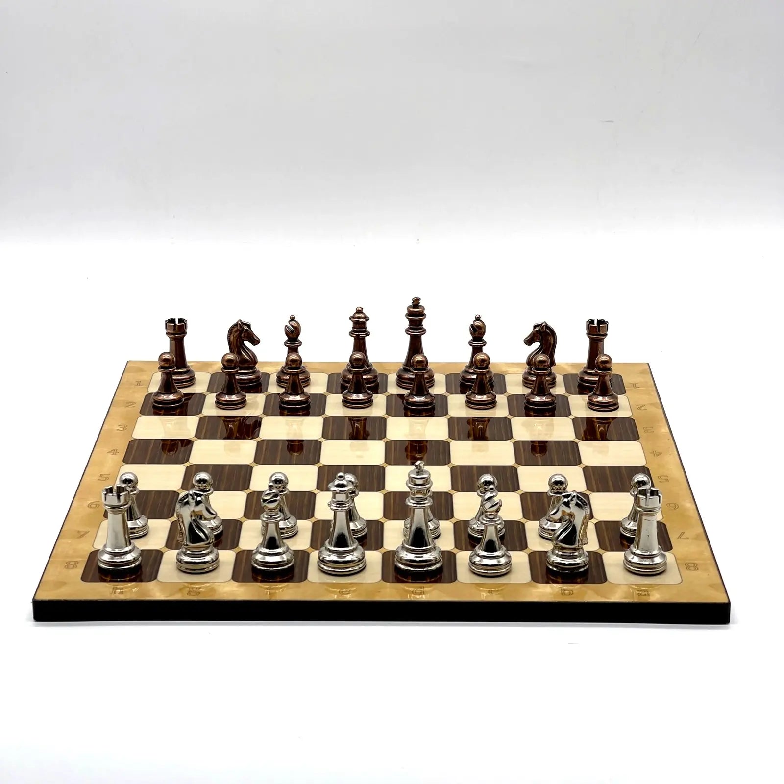 14" Brown Marble Patterned Chess Set With Classic Metal Chess Pieces