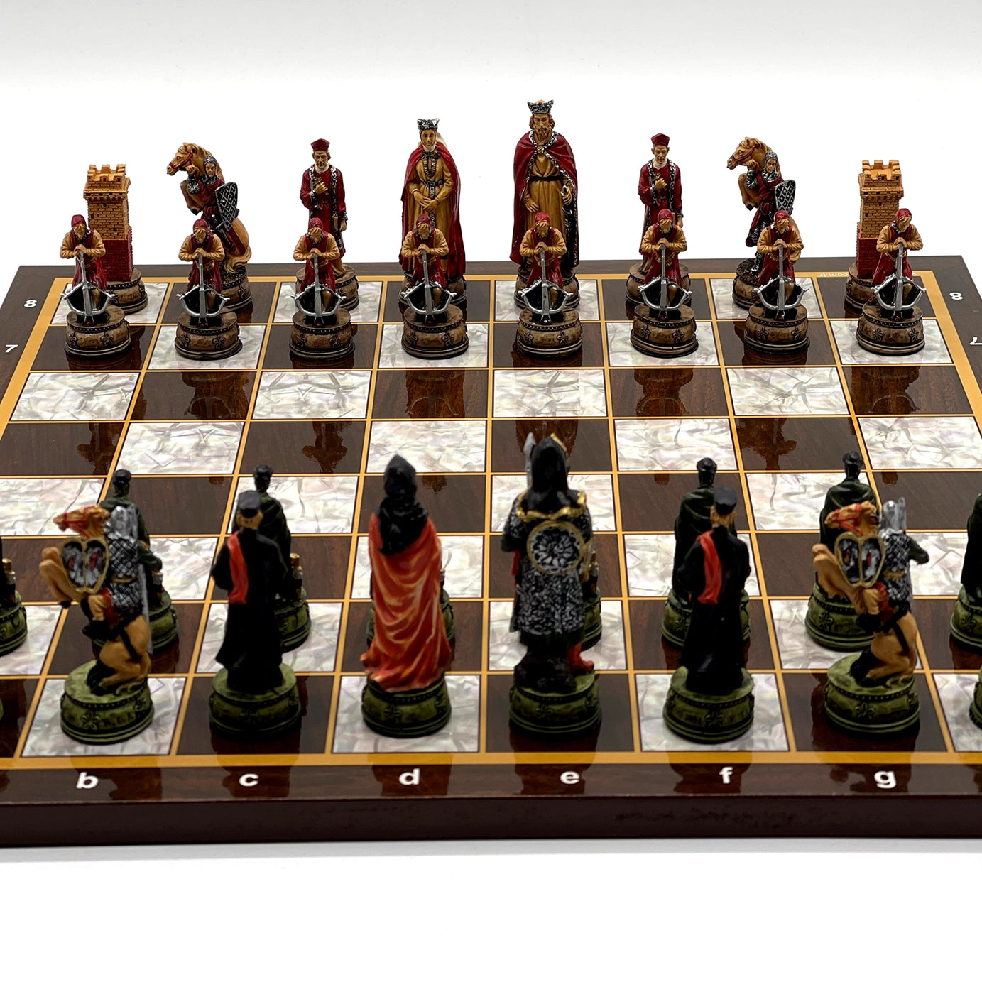 14.5" Brown Marble Pattern Wooden Chess Set With Camelot Chess Pieces