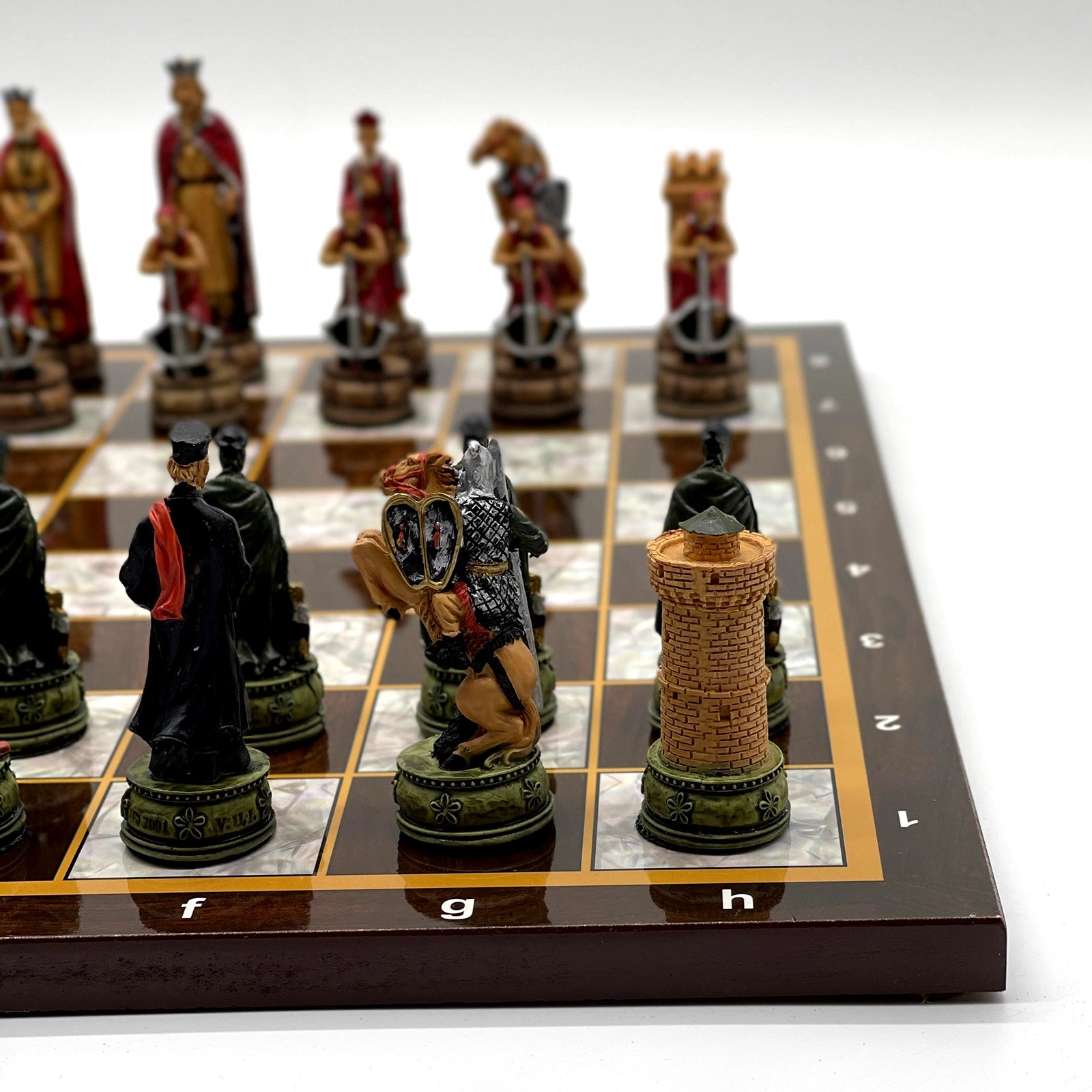 14.5" Brown Marble Pattern Wooden Chess Set With Camelot Chess Pieces