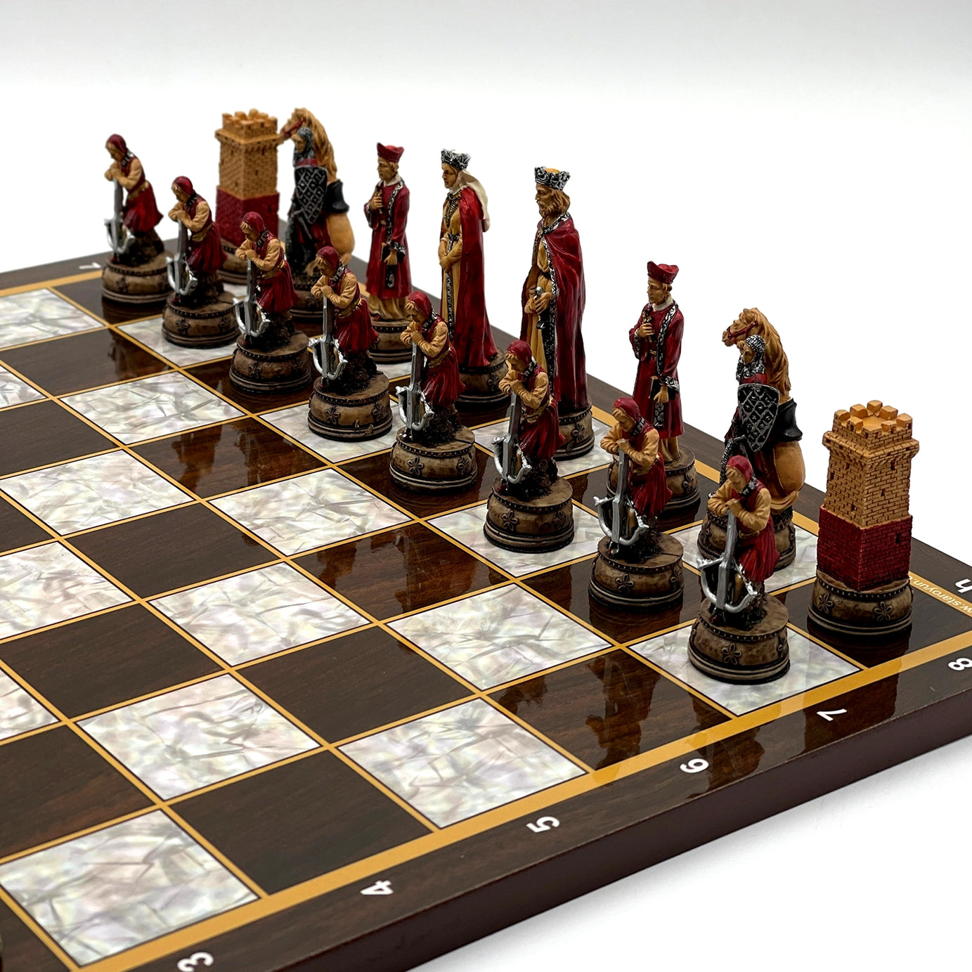 14.5" Brown Marble Pattern Wooden Chess Set With Camelot Chess Pieces