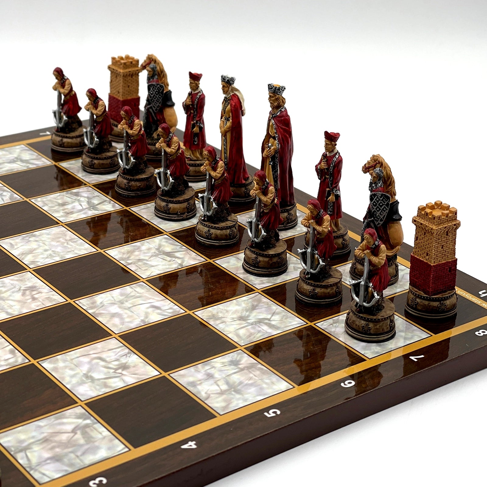 14.5" Brown Marble Pattern Wooden Chess Set With Camelot Chess Pieces