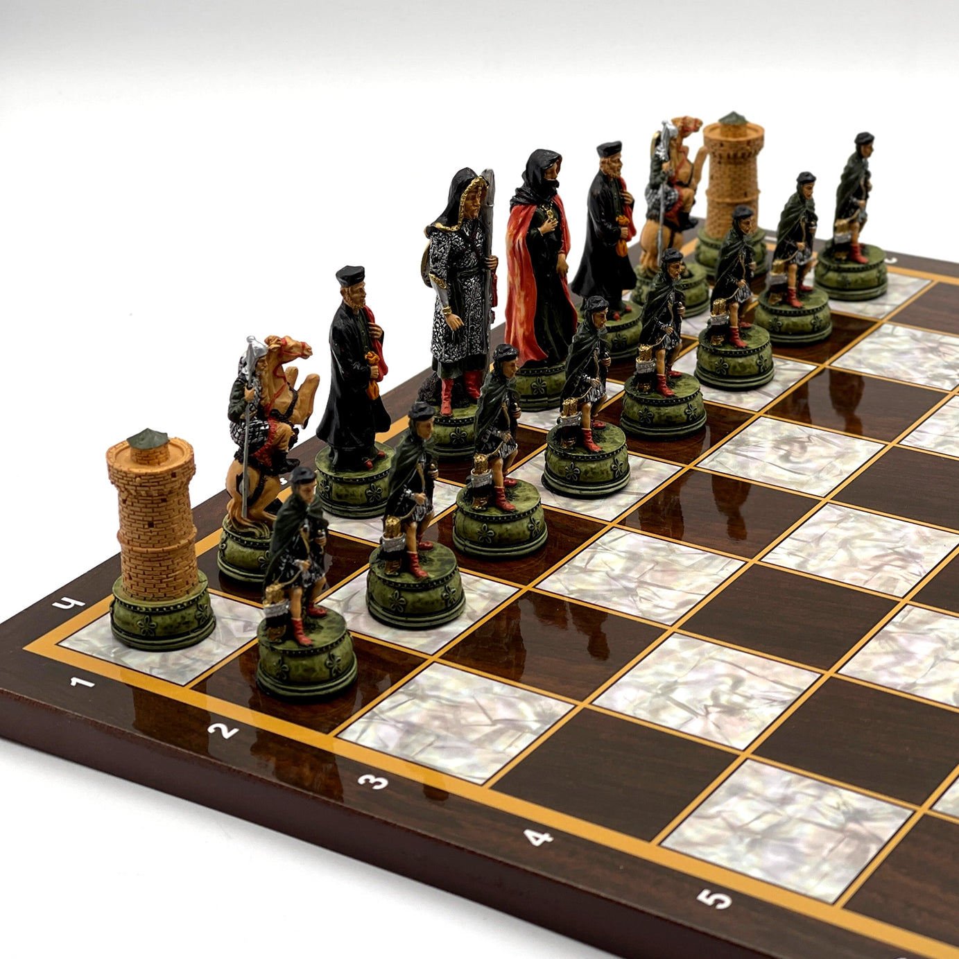 14.5" Brown Marble Pattern Wooden Chess Set With Camelot Chess Pieces