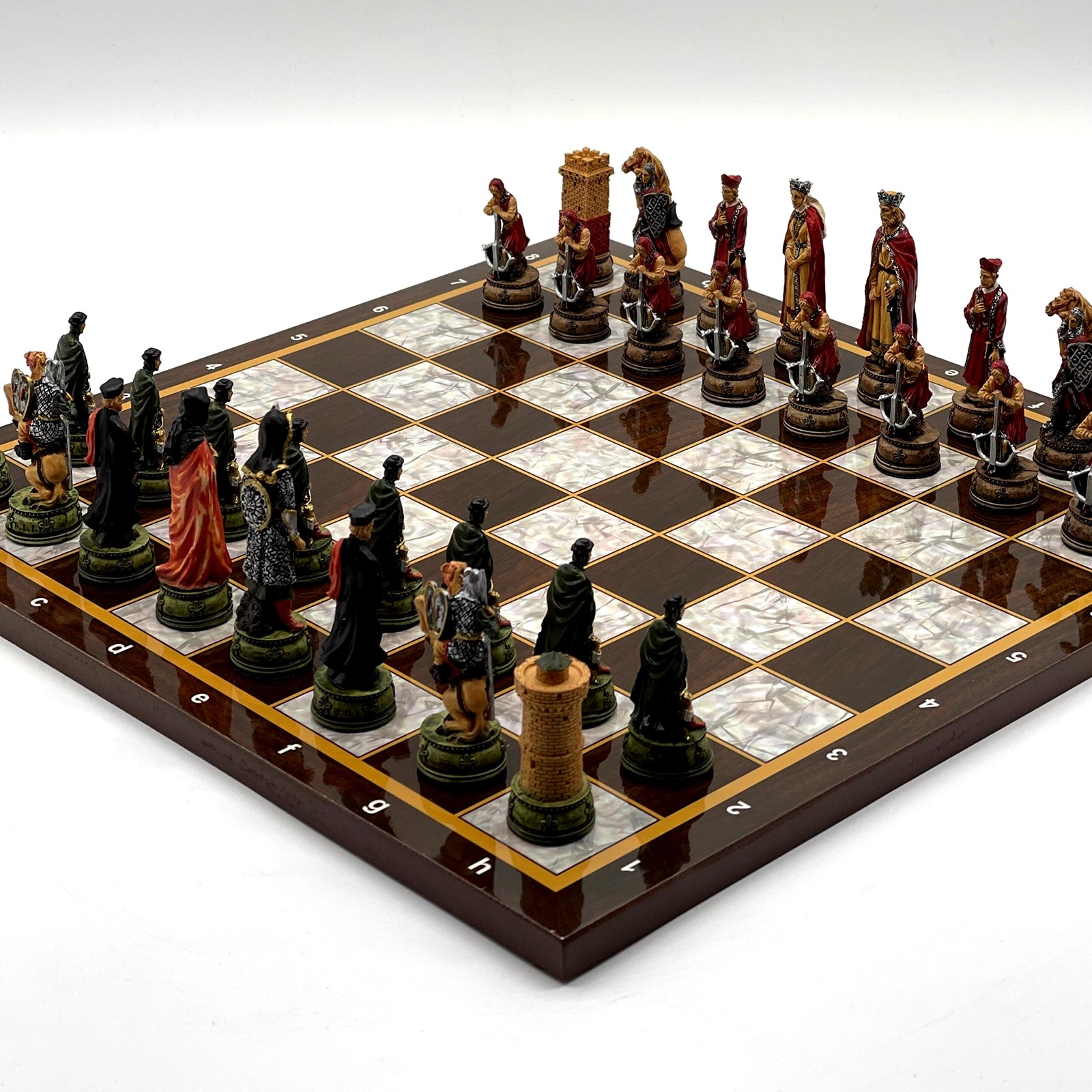 14.5" Brown Marble Pattern Wooden Chess Set With Camelot Chess Pieces