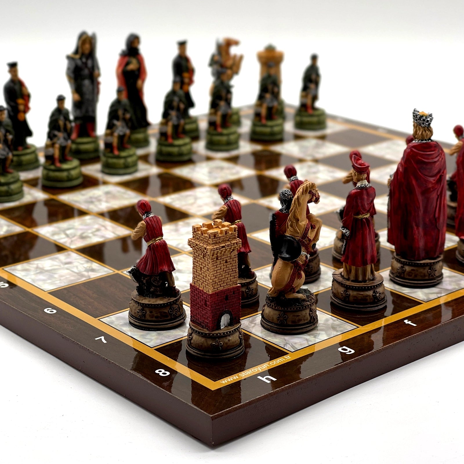 14.5" Brown Marble Pattern Wooden Chess Set With Camelot Chess Pieces