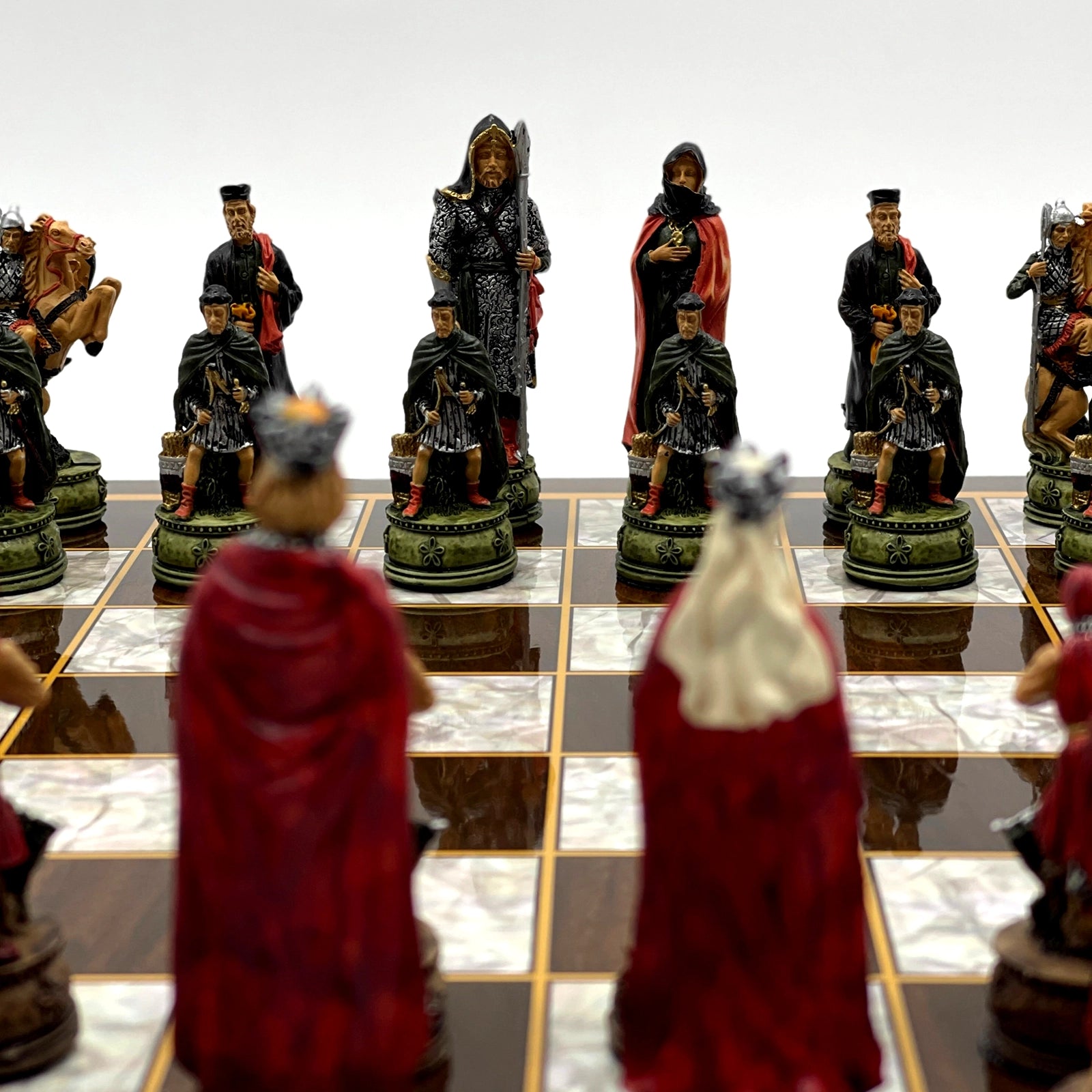 14.5" Brown Marble Pattern Wooden Chess Set With Camelot Chess Pieces