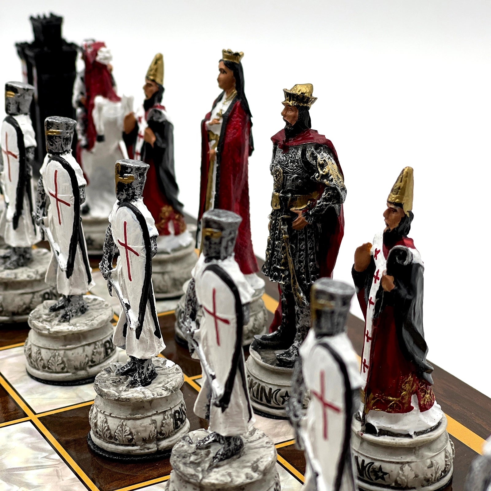 14.5" Brown Marble Patterned Wooden Chess Set With Crusaders Chess Pieces